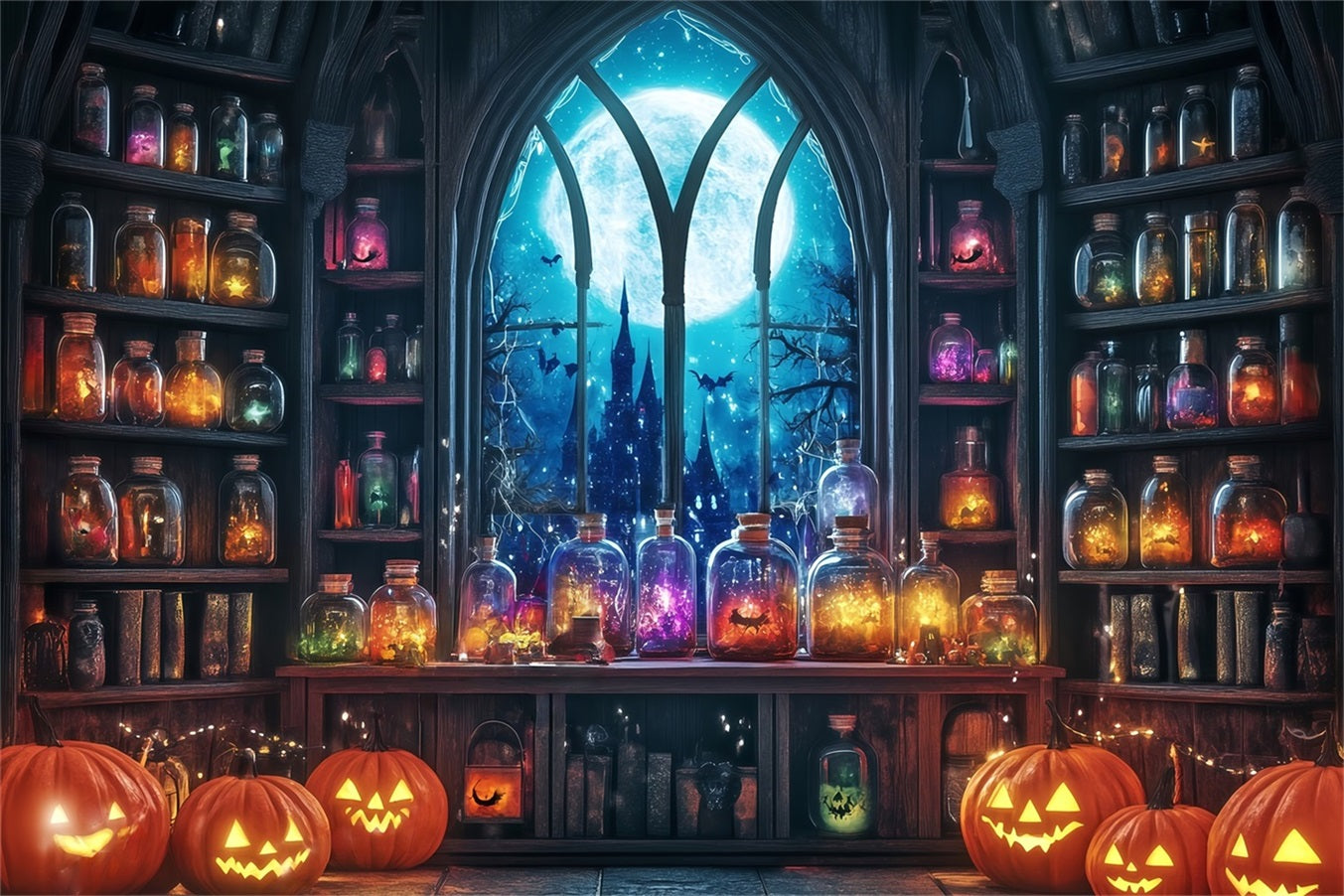 Halloween Wall Backdrop Moonlit Potion Room with Pumpkins and Jars Halloween Backdrop Ideas TWW58-24