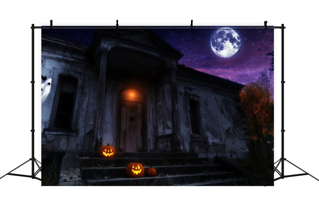 Haunted House Backdrop Haunted Mansion with Glowing Pumpkins Under Moon Halloween Backdrop Ideas TWW58-25