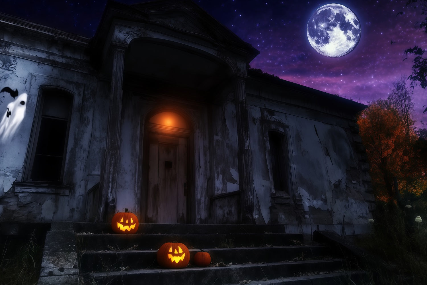 Haunted House Backdrop Haunted Mansion with Glowing Pumpkins Under Moon Halloween Backdrop Ideas TWW58-25