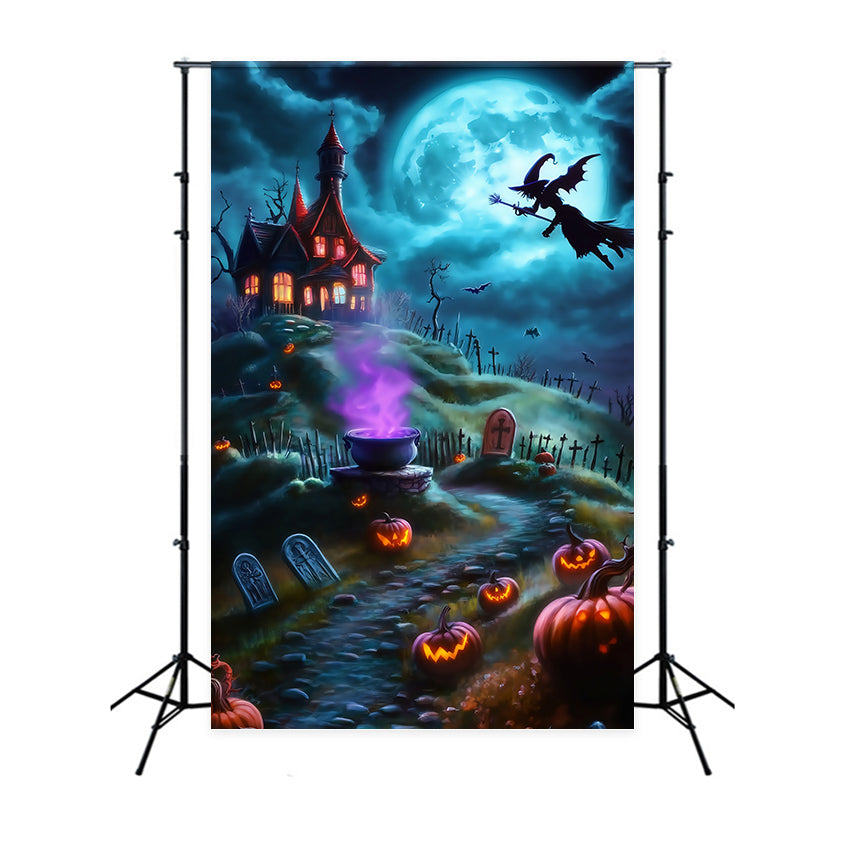 Halloween Witch Flying Over Spooky Hilltop Graveyard Halloween Backdrops for Photos TWW58-26