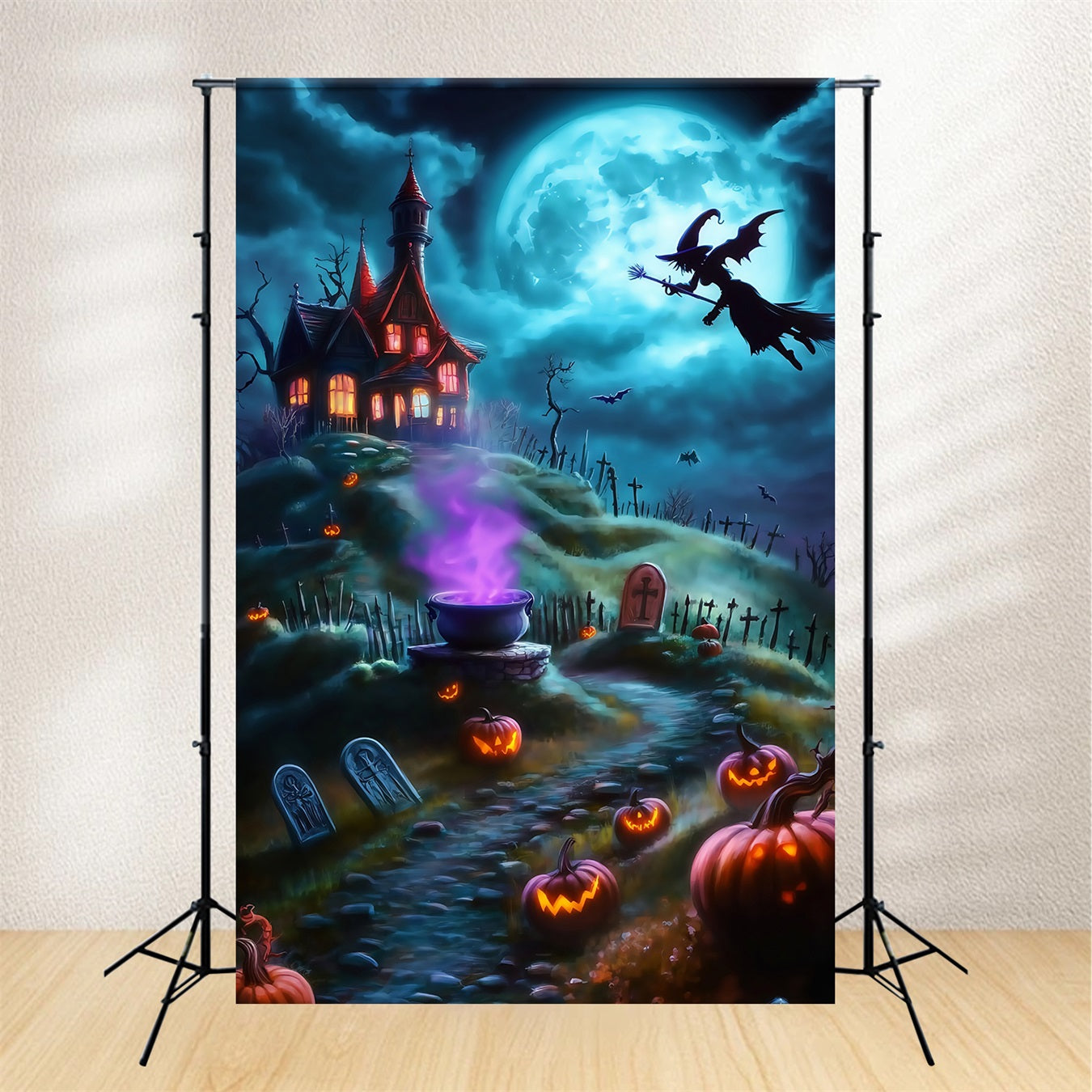 Halloween Witch Flying Over Spooky Hilltop Graveyard Halloween Backdrops for Photos TWW58-26