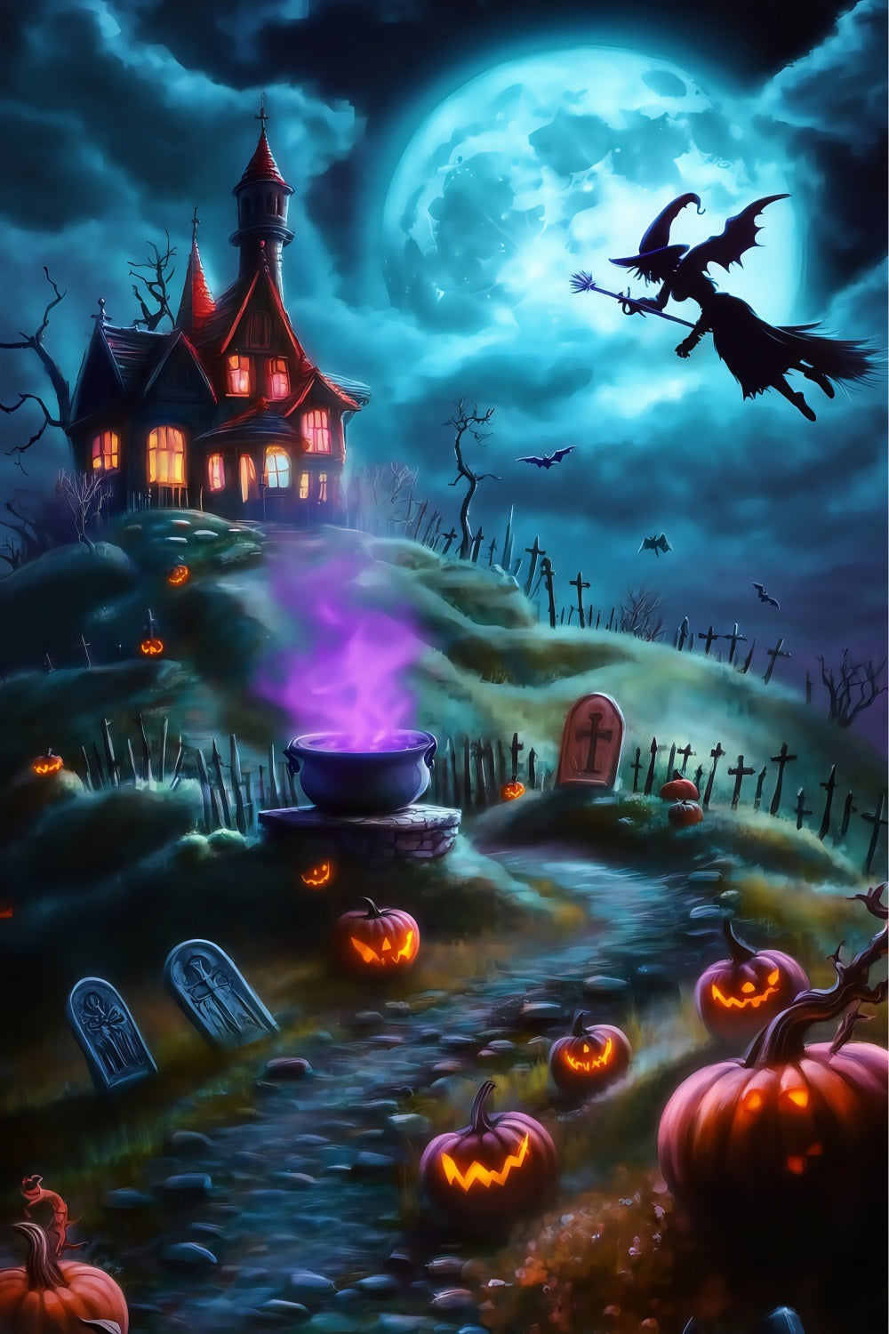 Halloween Witch Flying Over Spooky Hilltop Graveyard Halloween Backdrops for Photos TWW58-26
