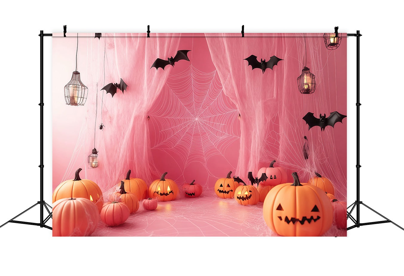 Halloween Pink Spiderweb Drapes with Jack-O’-Lanterns Halloween Backdrops for Photos TWW58-27