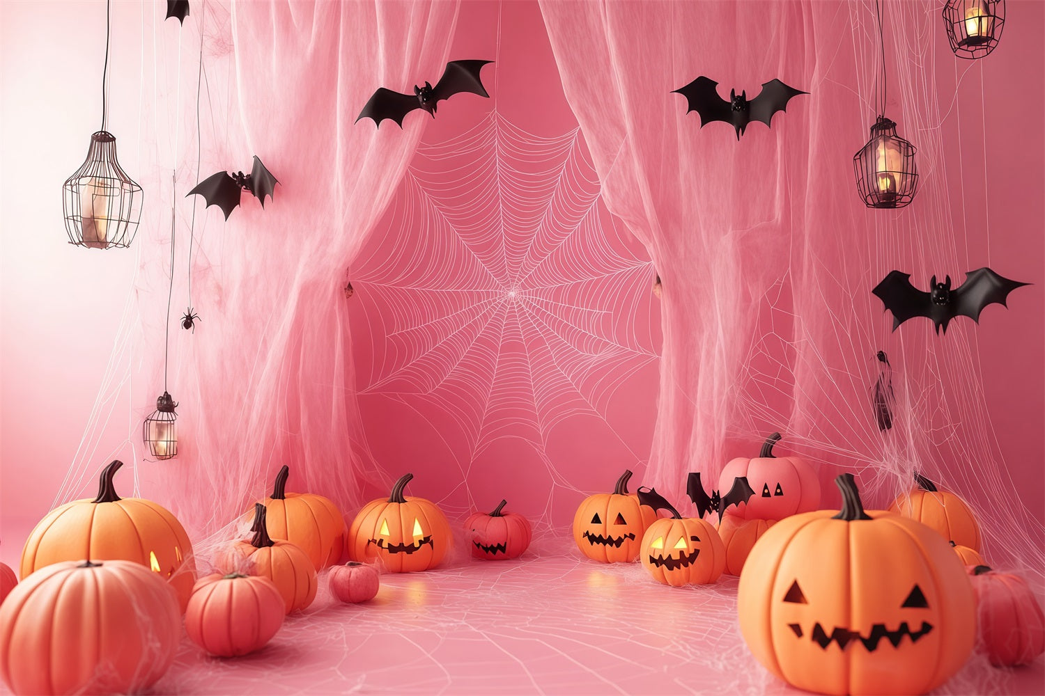Halloween Pink Spiderweb Drapes with Jack-O’-Lanterns Halloween Backdrops for Photos TWW58-27