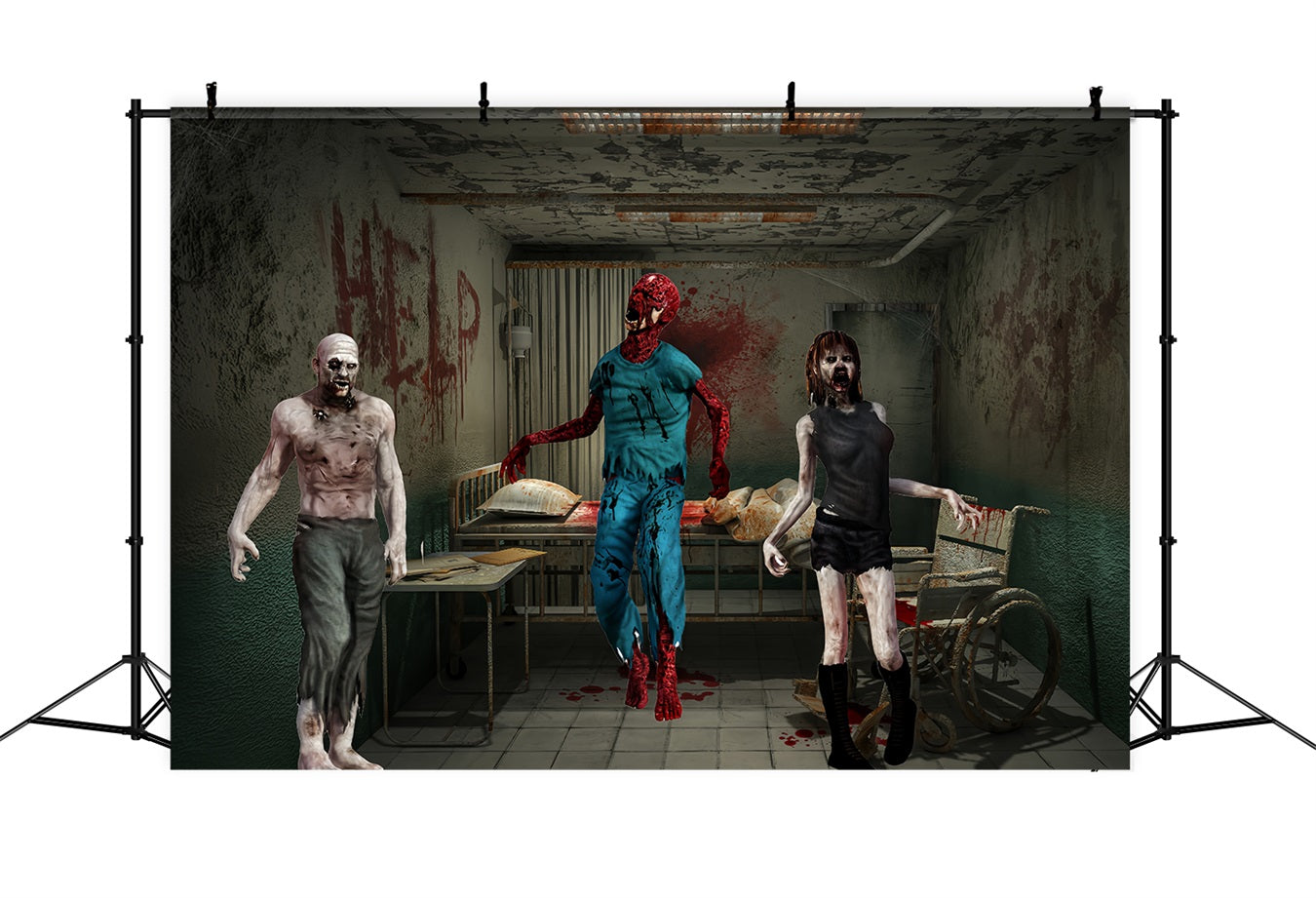 Garage Door Halloween Backdrop Bloodied Zombie Trio in Abandoned Hospital Room Scary Halloween Backdrops TWW58-28