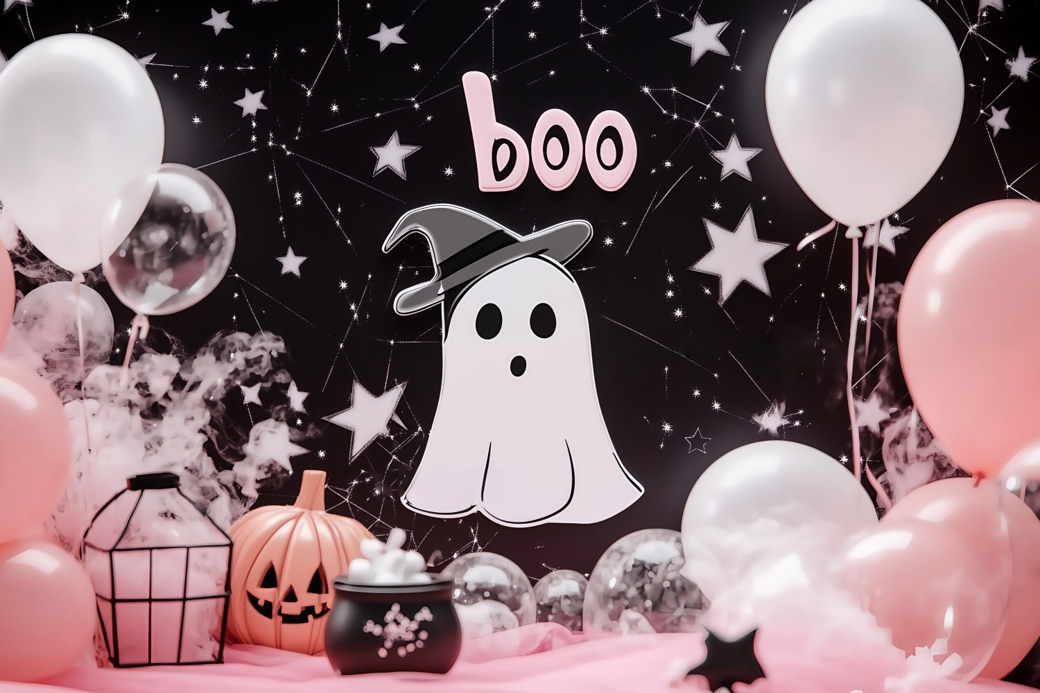 Halloween Wall Backdrop Cute Ghost with Pink Balloon Decor Halloween Backdrop TWW58-3