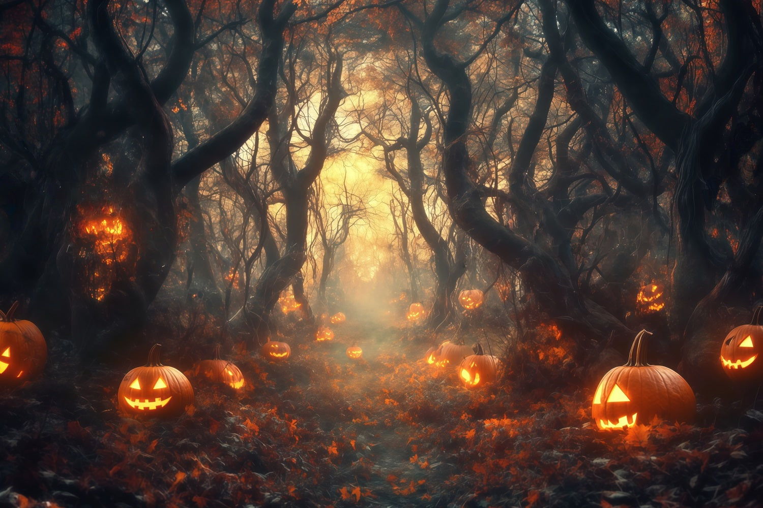Path Hall Halloween Graveyard Backdrop Glowing Jack O Lantern Forest Path Hall