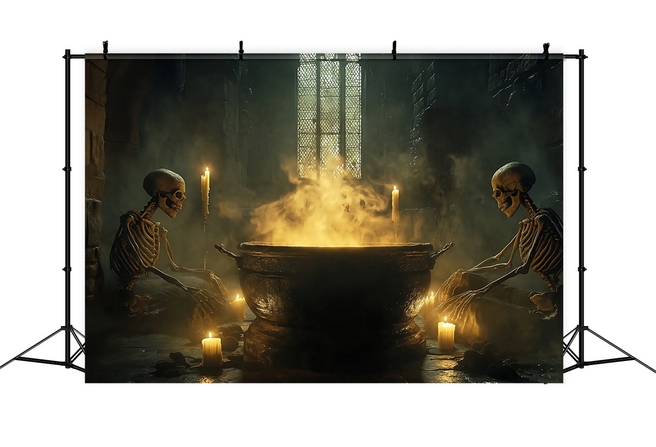 Haunted House Backdrop Skeletons Stirring Bubbling Witch Cauldron Spooky Halloween Backdrop TWW58-38