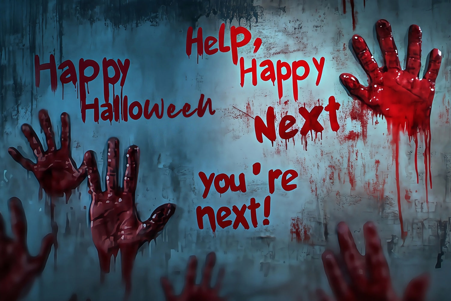 Garage Door Halloween Backdrop Bloody Handprints and Scary Warnings Scary Halloween Backdrops TWW58-4