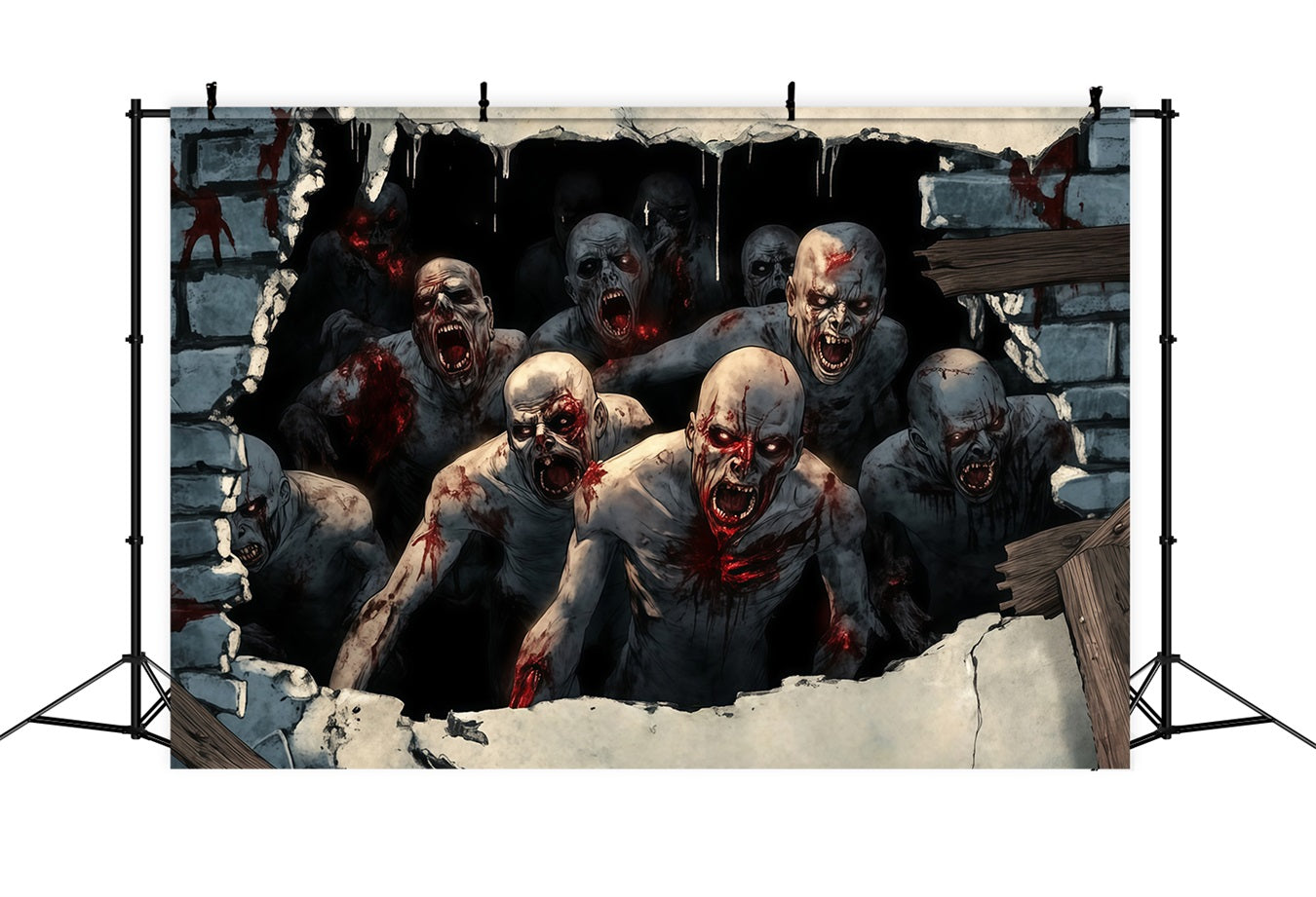 Garage Door Halloween Backdrop Bloodthirsty Zombies Breaking Through Wall Scary Halloween Backdrops TWW58-40