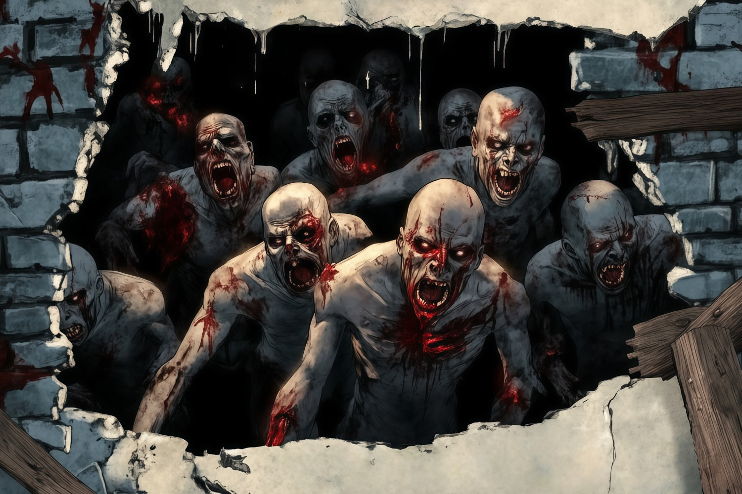 Garage Door Halloween Backdrop Bloodthirsty Zombies Breaking Through Wall Scary Halloween Backdrops TWW58-40