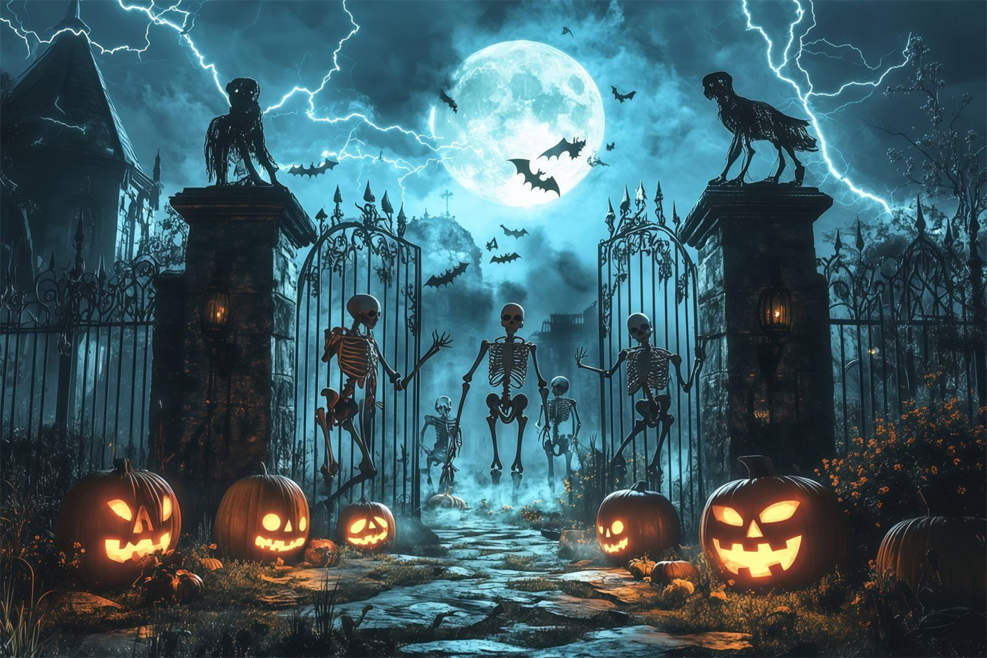 Halloween Skeletons and Pumpkins at Haunted Gates Halloween Photography Backdrop TWW58-43