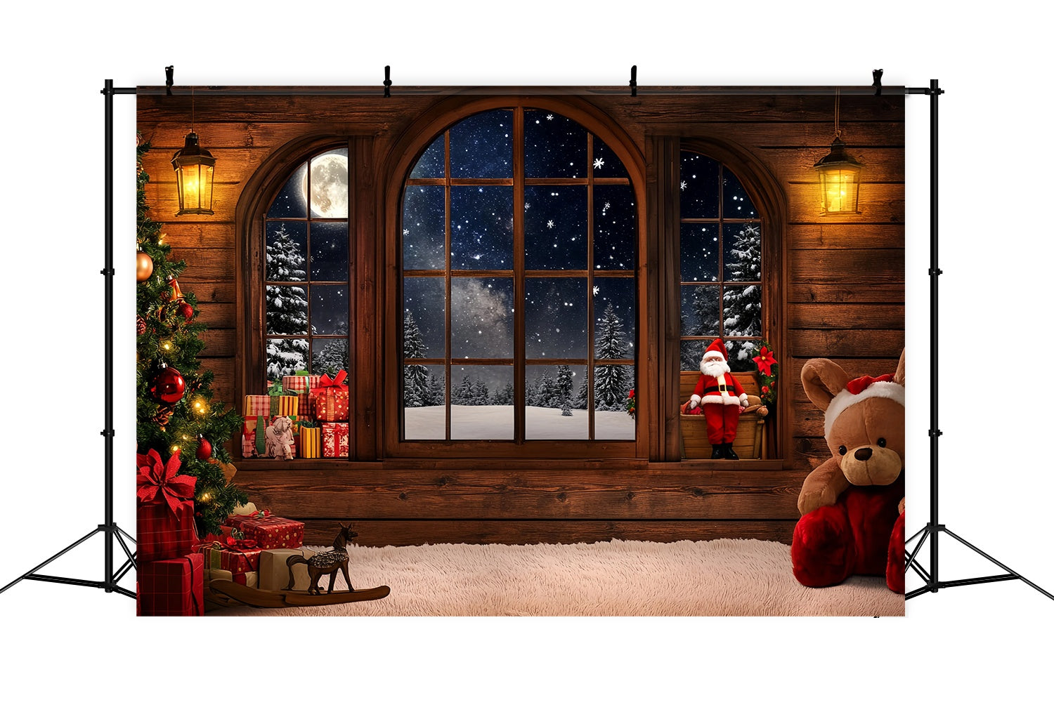 Santa Backdrop Cozy Cabin Window Santa Gifts Christmas Backdrop TWW58-53