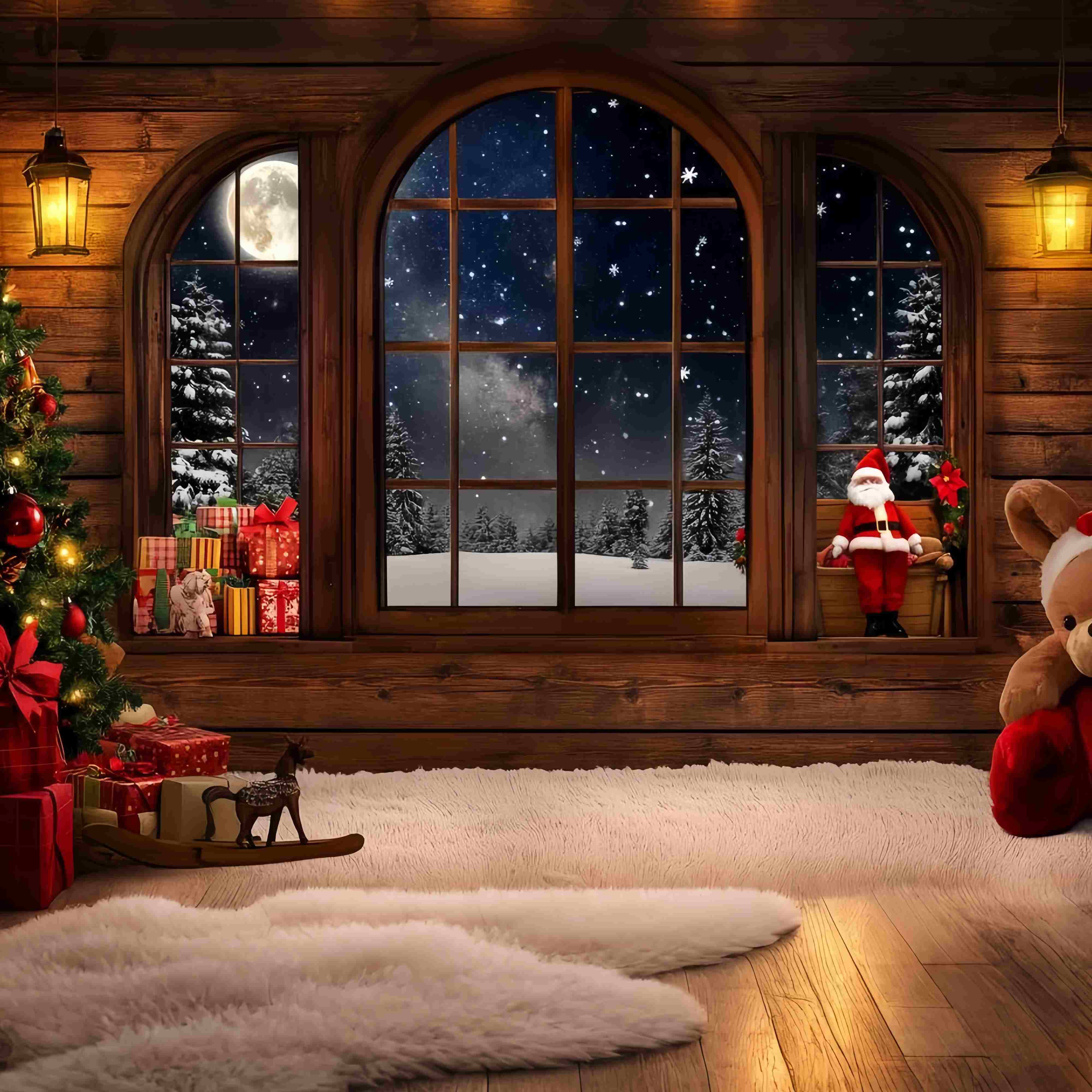 Santa Backdrop Cozy Cabin Window Santa Gifts Christmas Backdrop TWW58-53