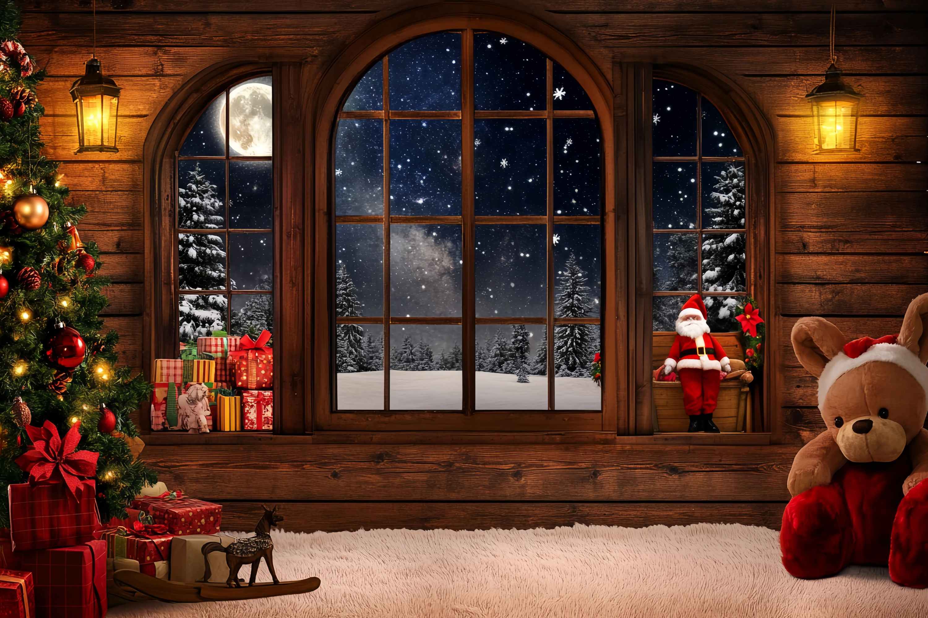 Santa Backdrop Cozy Cabin Window Santa Gifts Christmas Backdrop TWW58-53