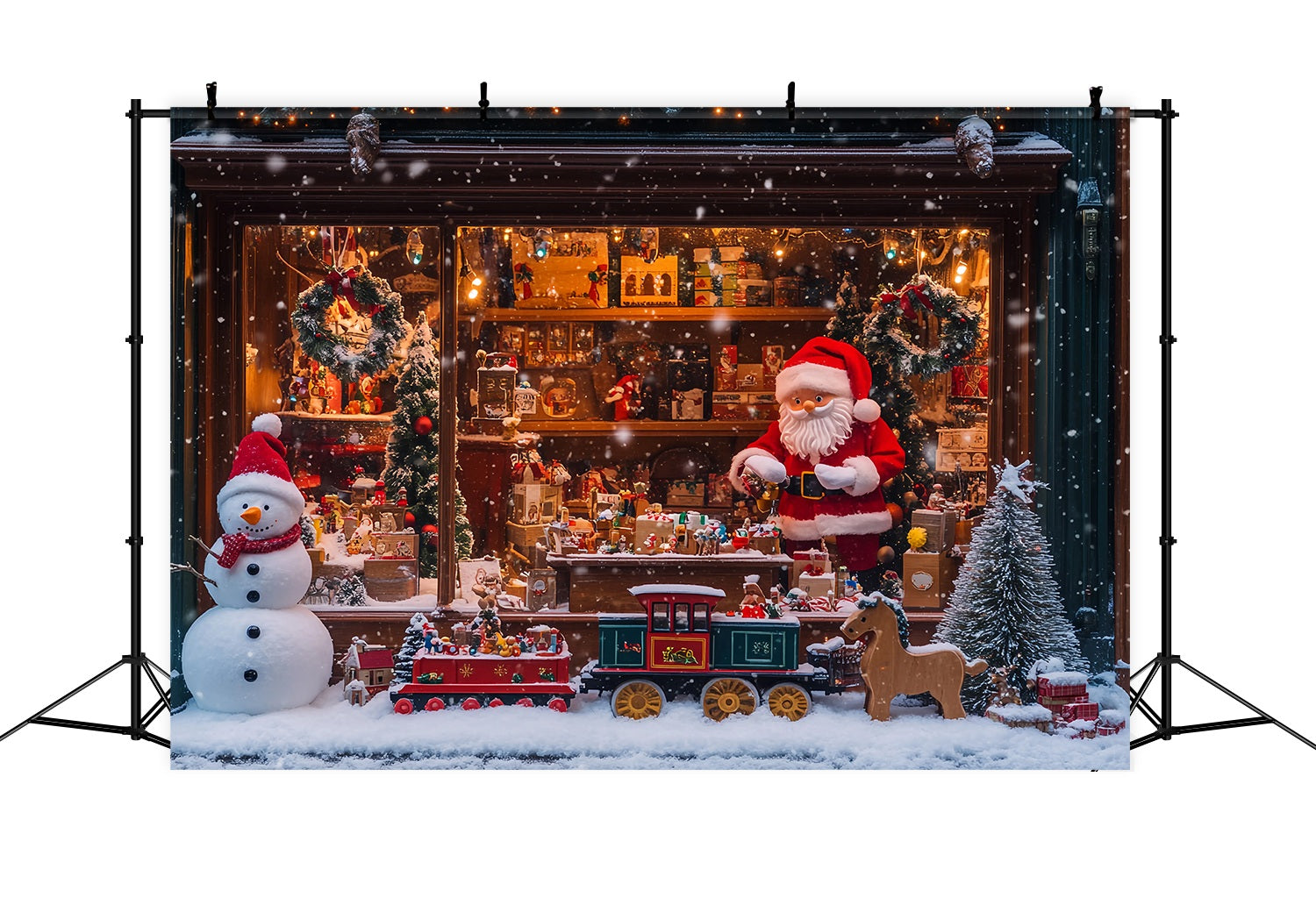 Santa's Workshop Backdrop Snowy Toy Shop Santa Train Christmas Photo Backdrop TWW58-55