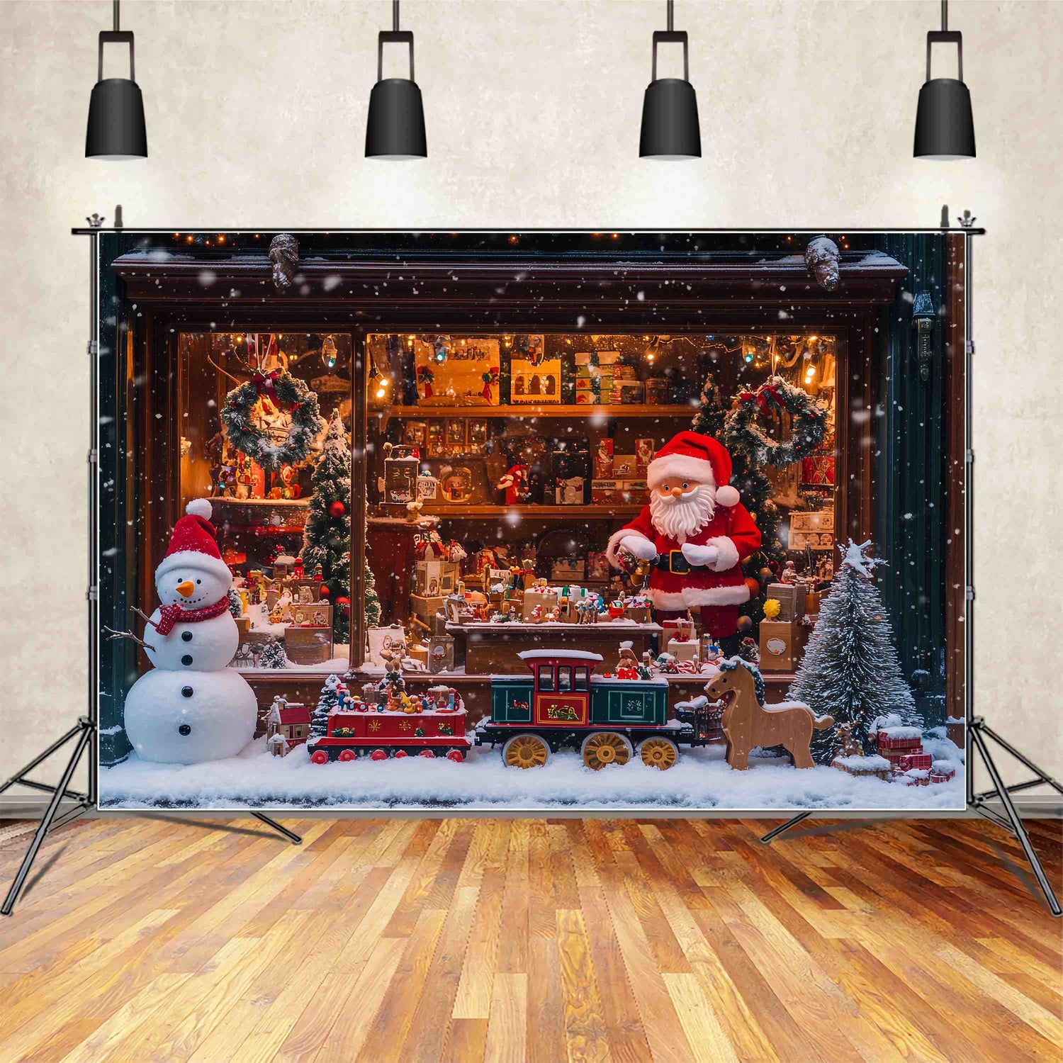 Santa's Workshop Backdrop Snowy Toy Shop Santa Train Christmas Photo B
