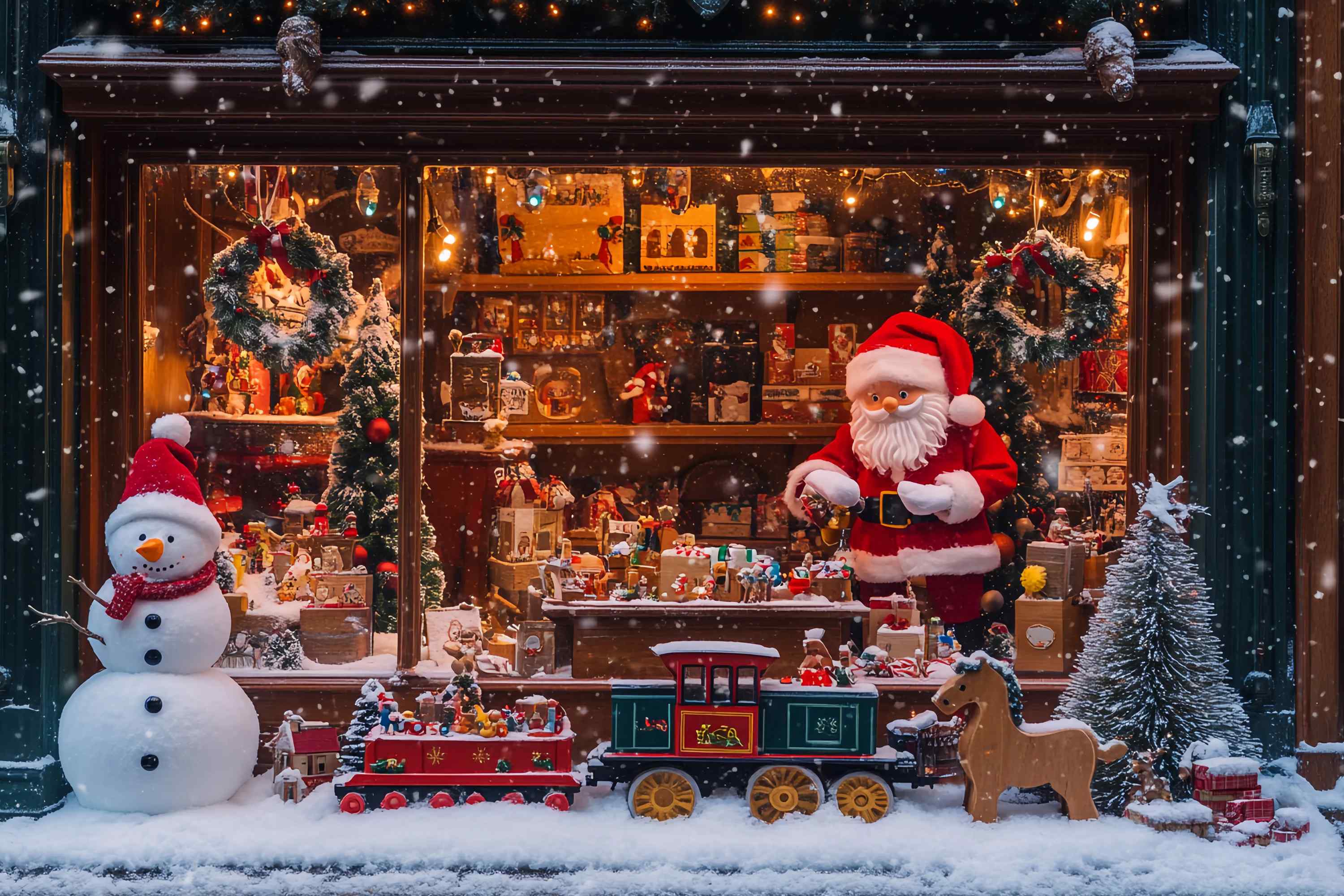 Santa's Workshop Backdrop Snowy Toy Shop Santa Train Christmas Photo Backdrop TWW58-55