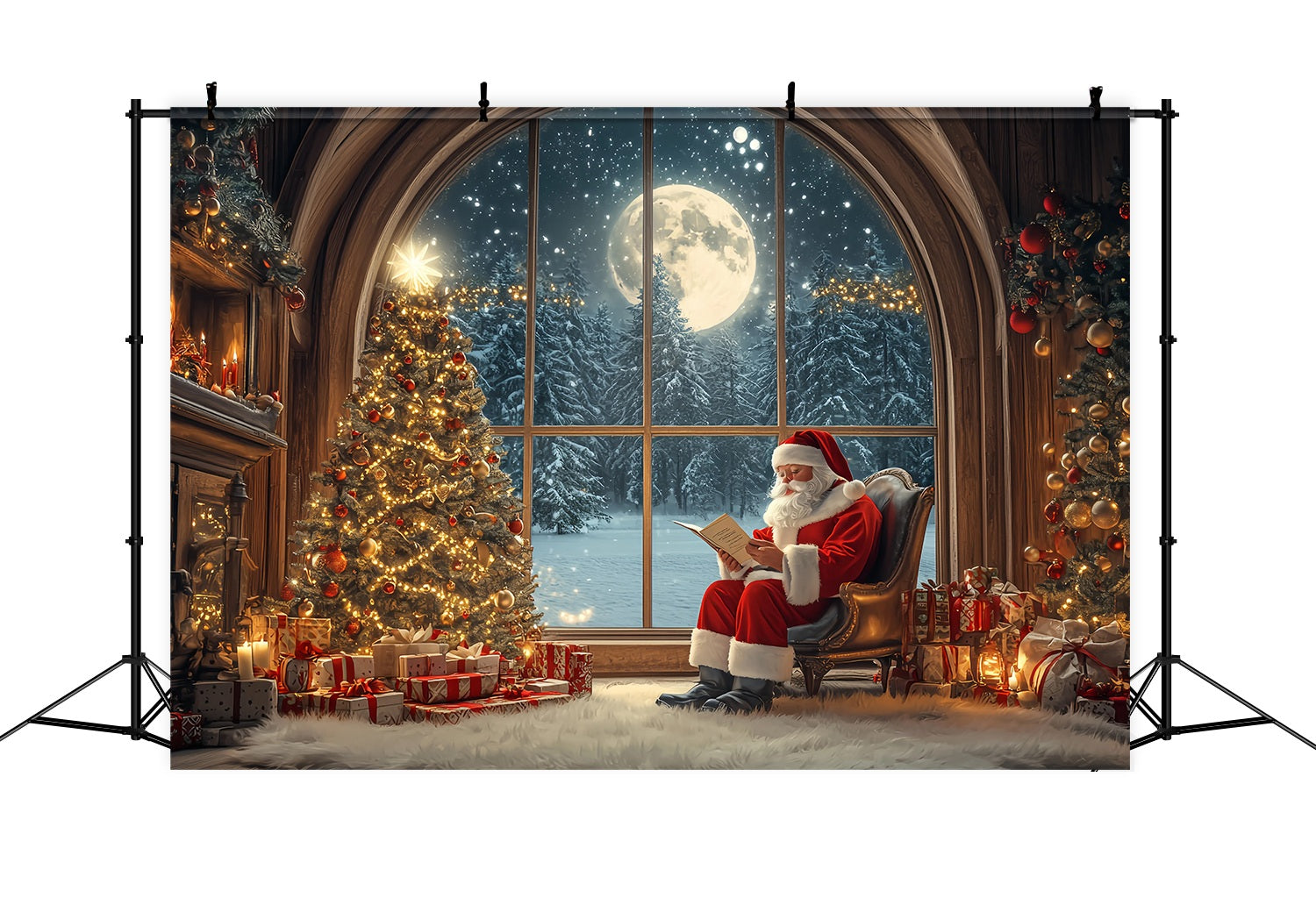Santa Photo Backdrops Santa Reading Moonlit Christmas Tree Christmas Backdrop for Photos TWW58-56