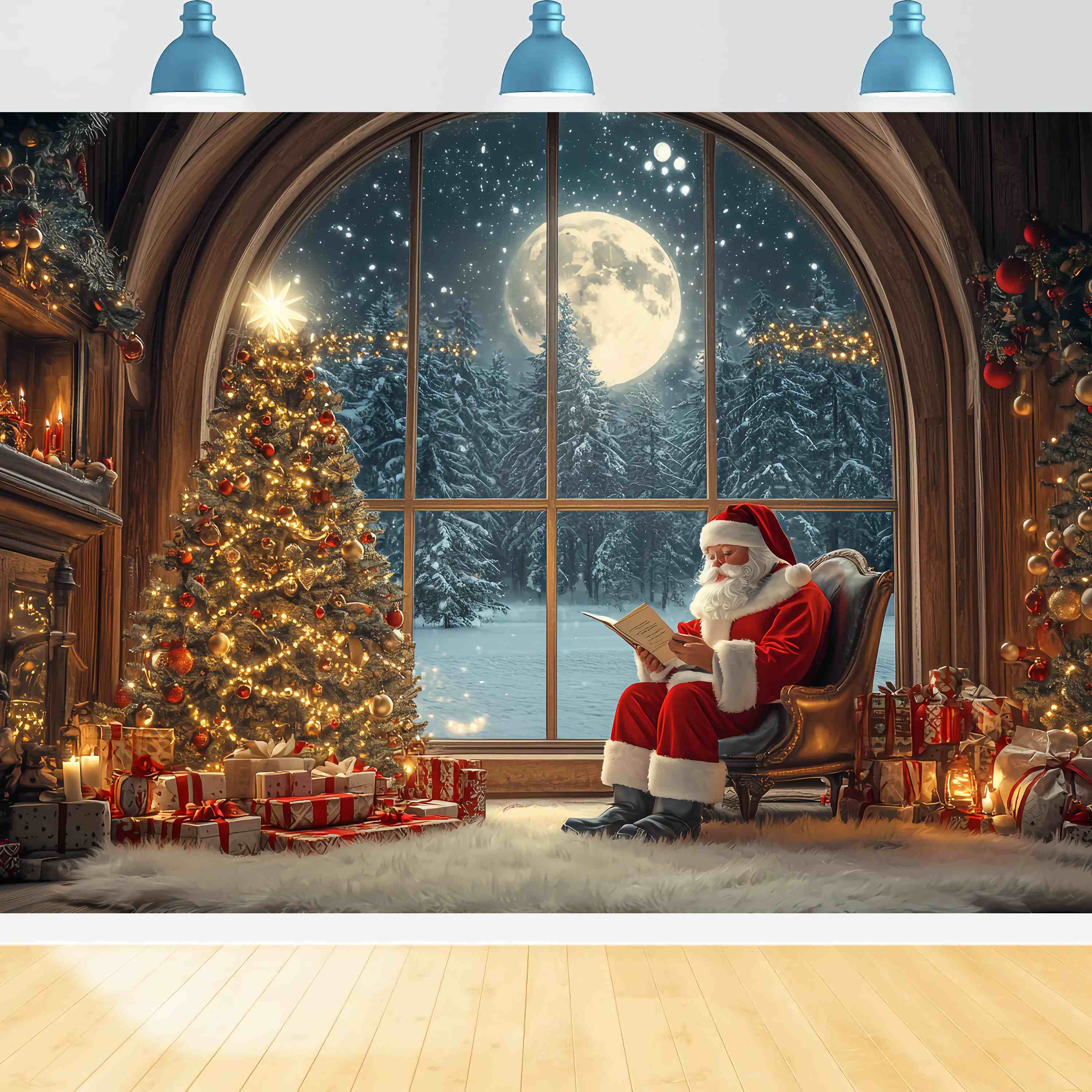 Santa Photo Backdrops Santa Reading Moonlit Christmas Tree Christmas Backdrop for Photos TWW58-56
