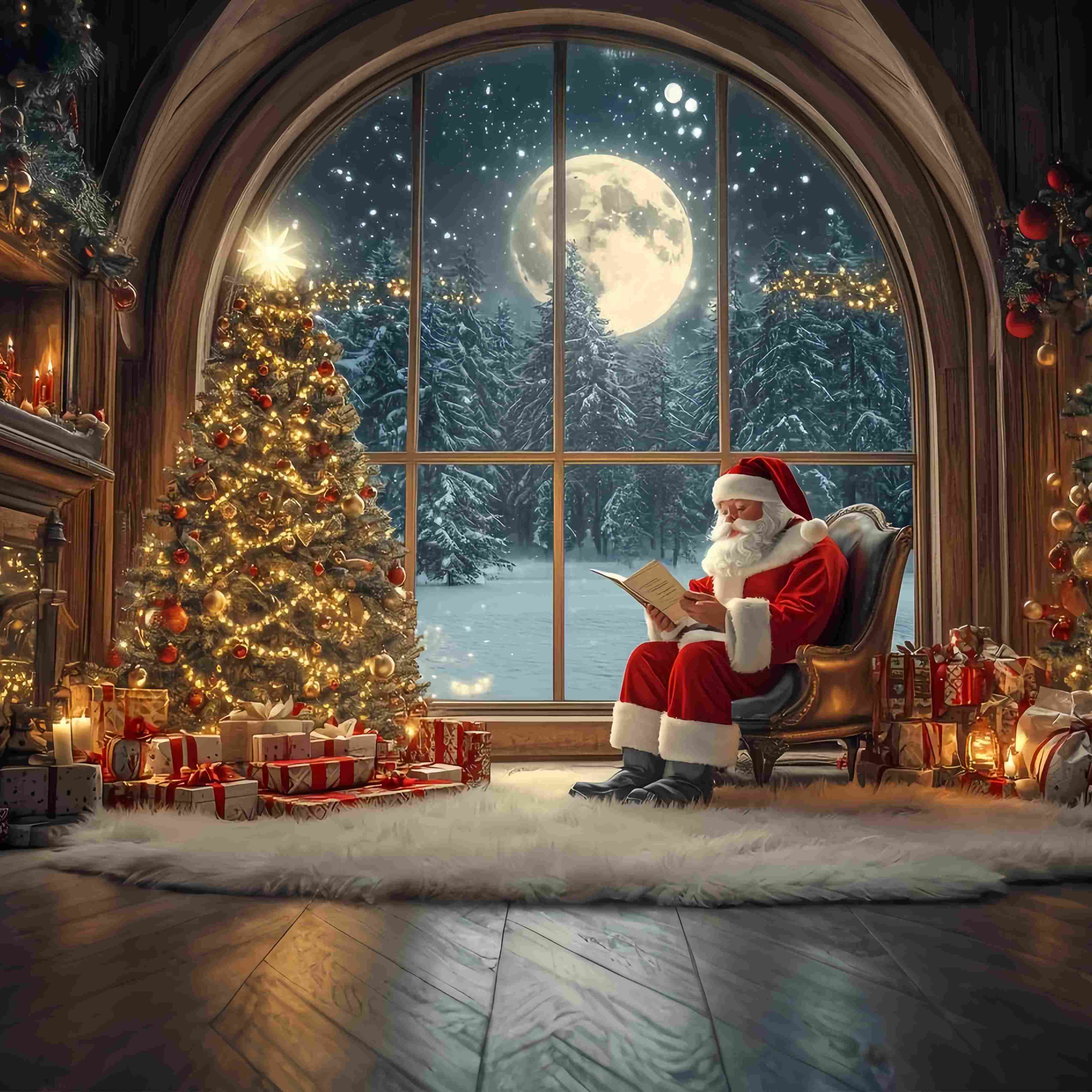 Santa Photo Backdrops Santa Reading Moonlit Christmas Tree Christmas Backdrop for Photos TWW58-56