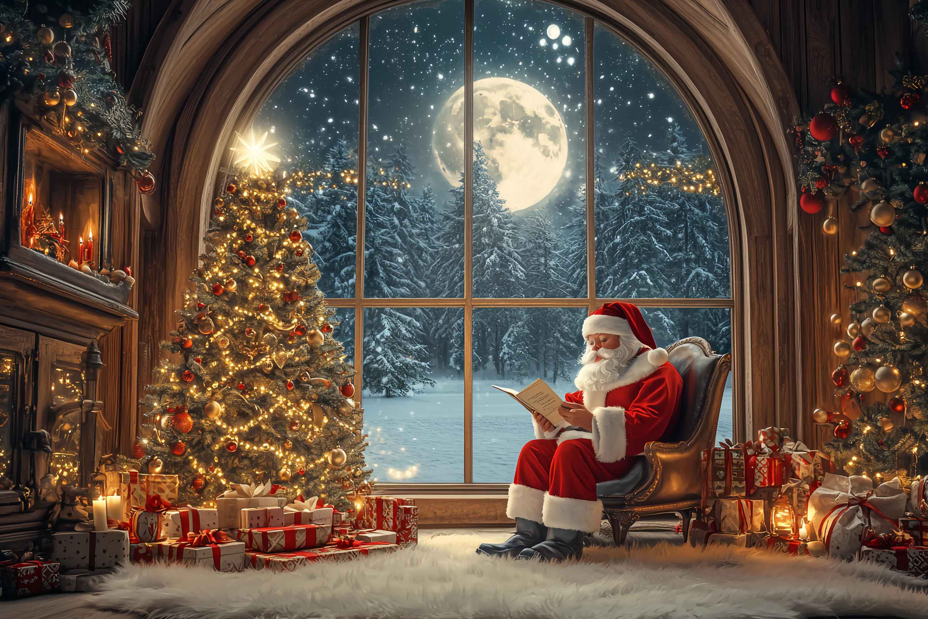 Santa Photo Backdrops Santa Reading Moonlit Christmas Tree Christmas Backdrop for Photos TWW58-56