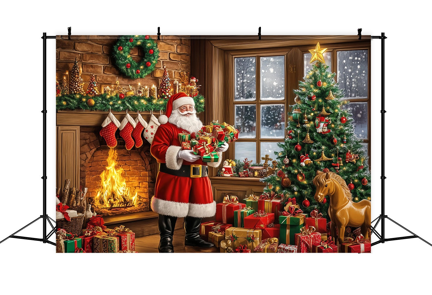 Santa Backdrops Santa Fireplace Gift Pile Christmas Backdrops for Photography TWW58-57