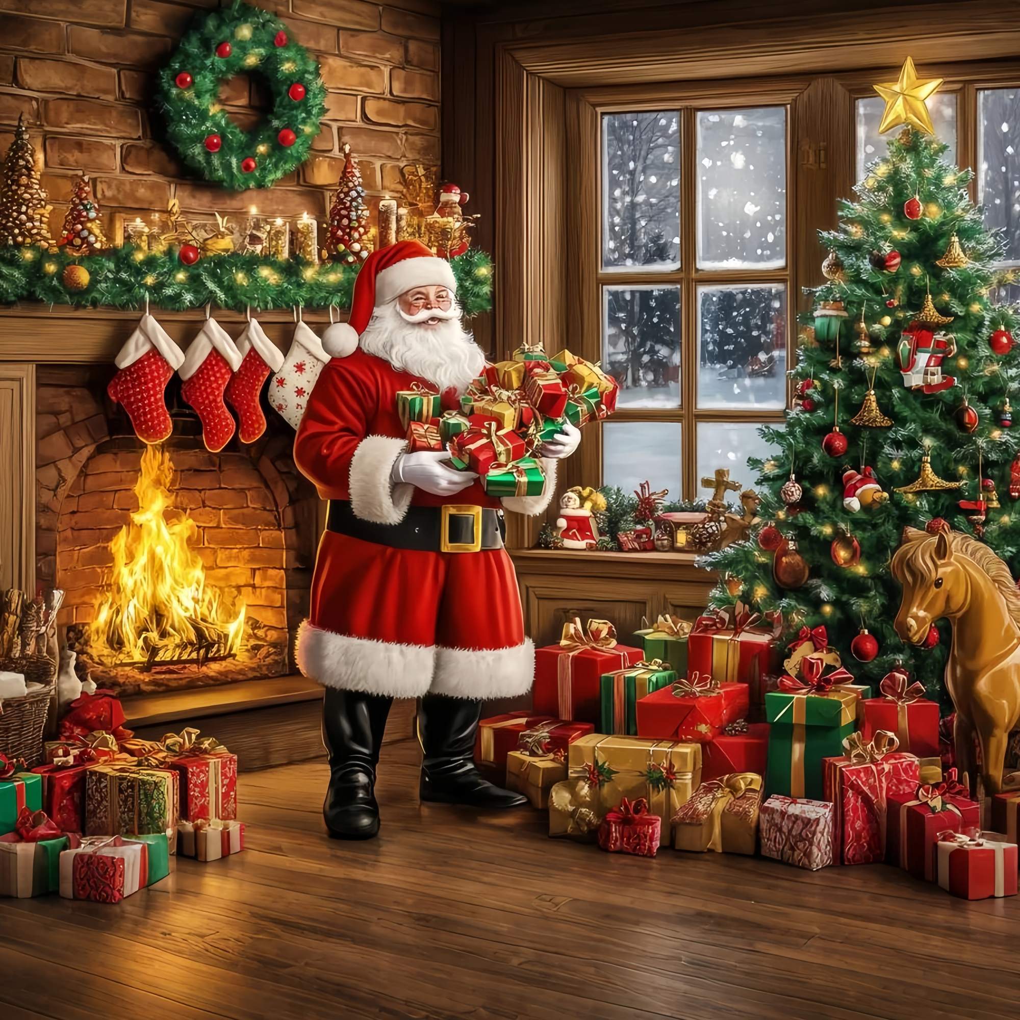 Santa Backdrops Santa Fireplace Gift Pile Christmas Backdrops for Photography TWW58-57