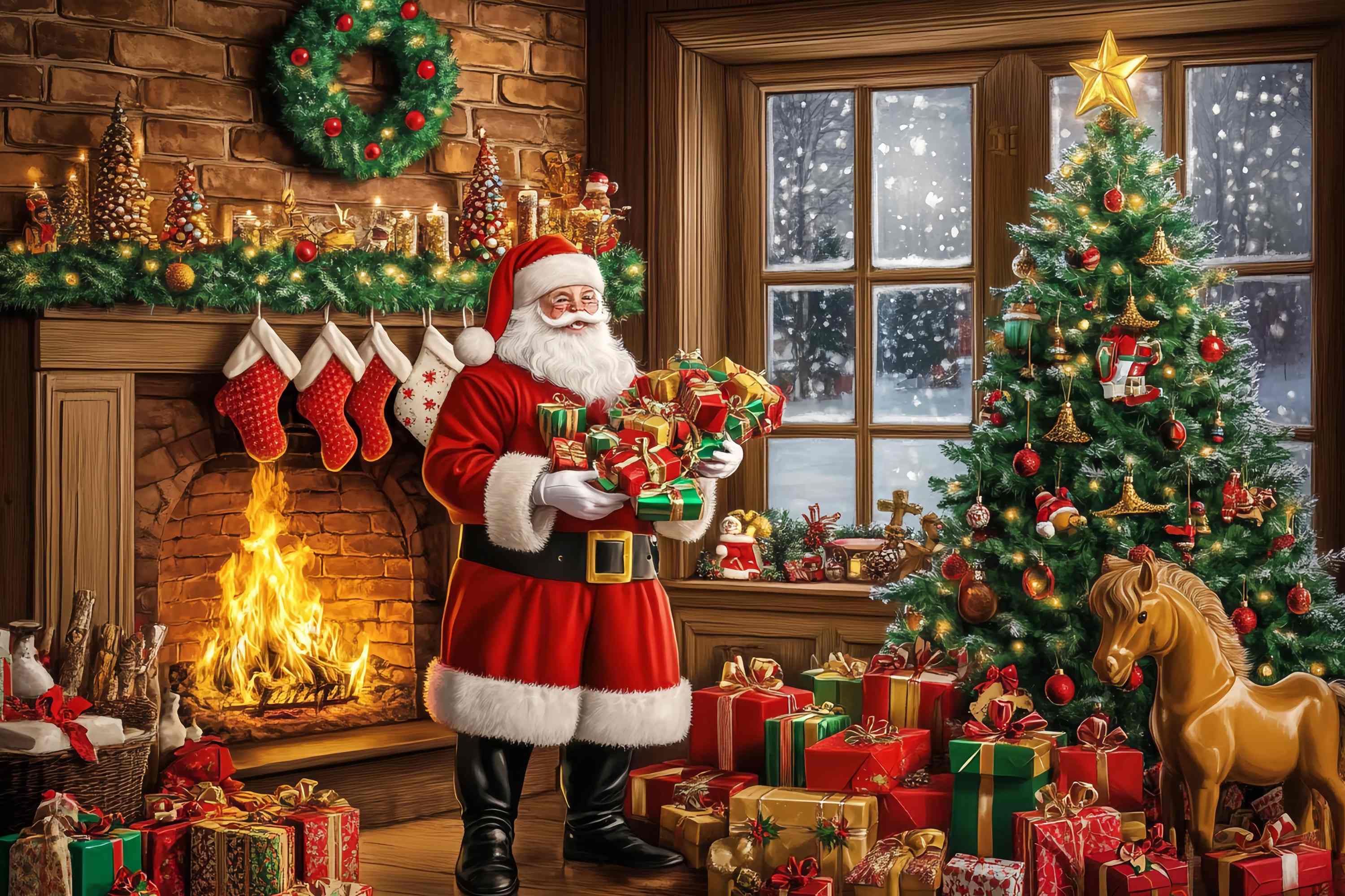 Santa Backdrops Santa Fireplace Gift Pile Christmas Backdrops for Photography TWW58-57