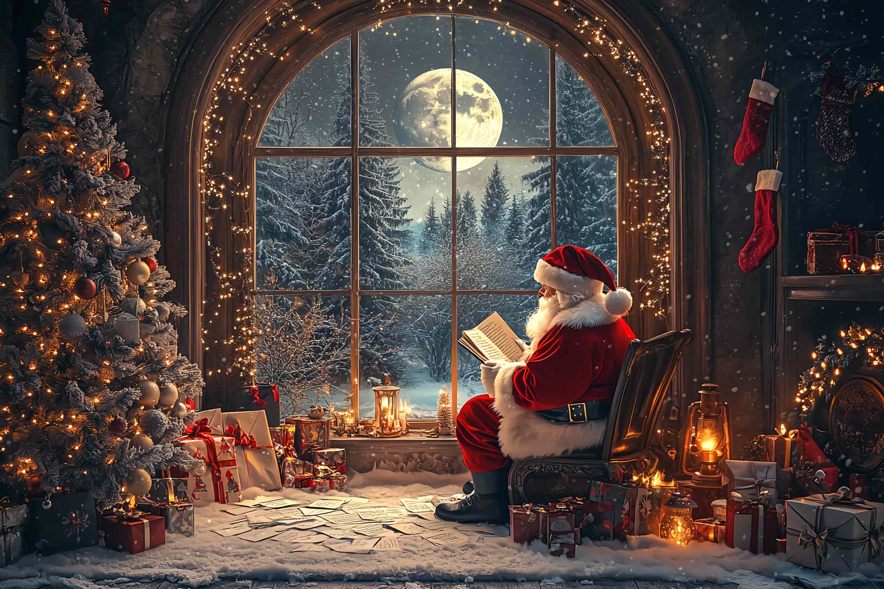 Santa Backdrop Santa Moonlit Window Reading Christmas Backdrop TWW58-58
