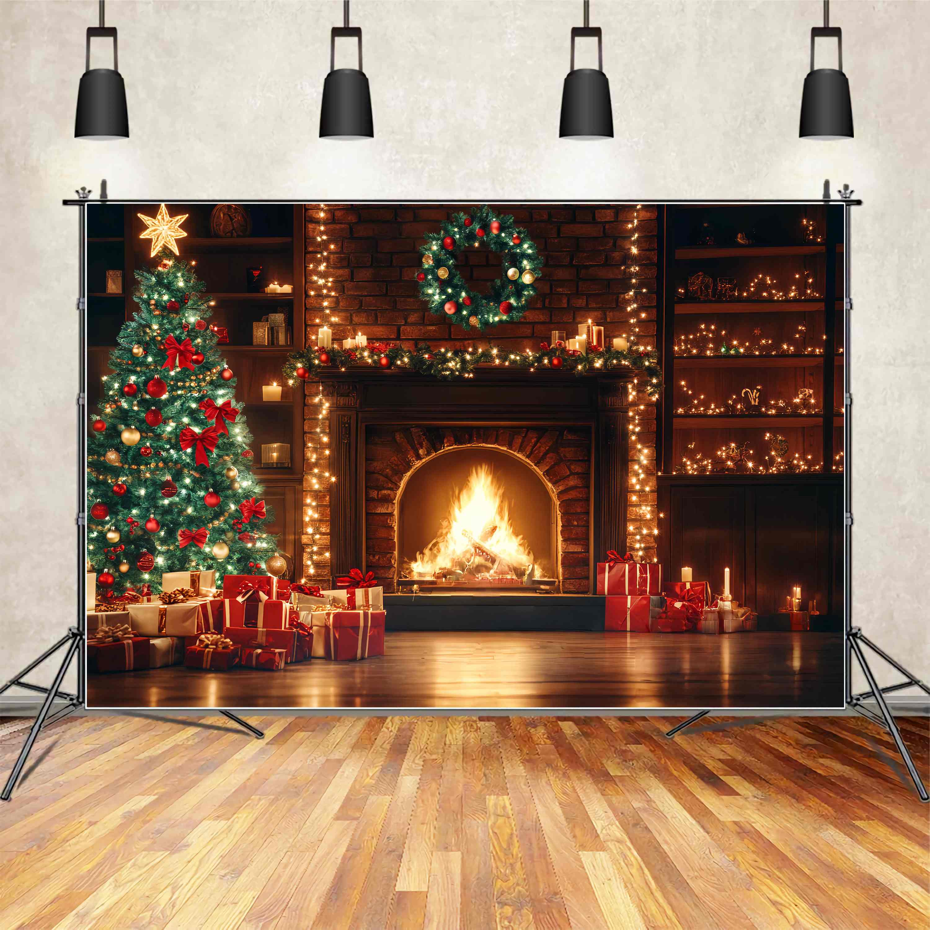 Christmas Fireplace Backdrop Fireplace Garland Christmas Tree Christmas Backdrops for Photography TWW58-59