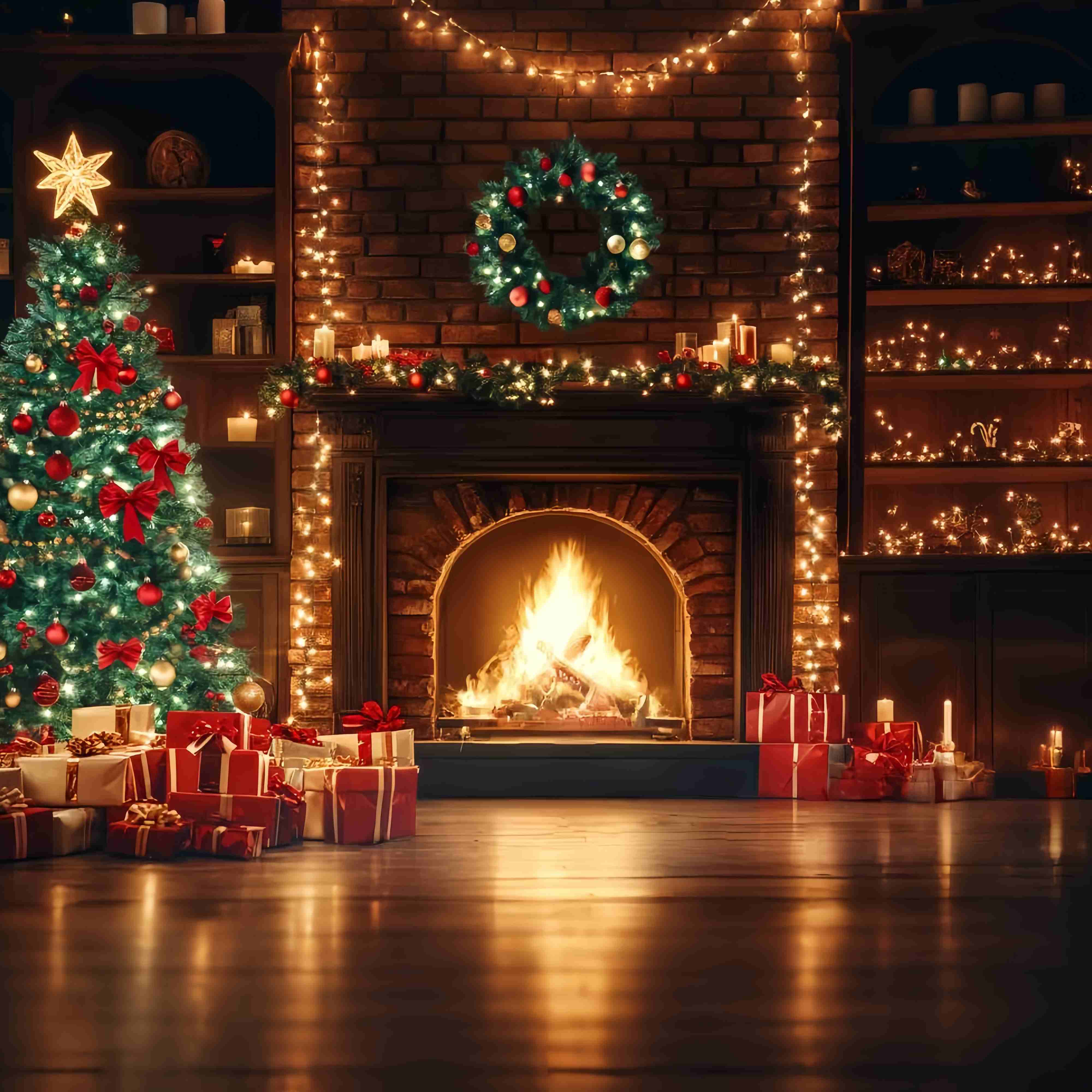Christmas Fireplace Backdrop Fireplace Garland Christmas Tree Christmas Backdrops for Photography TWW58-59