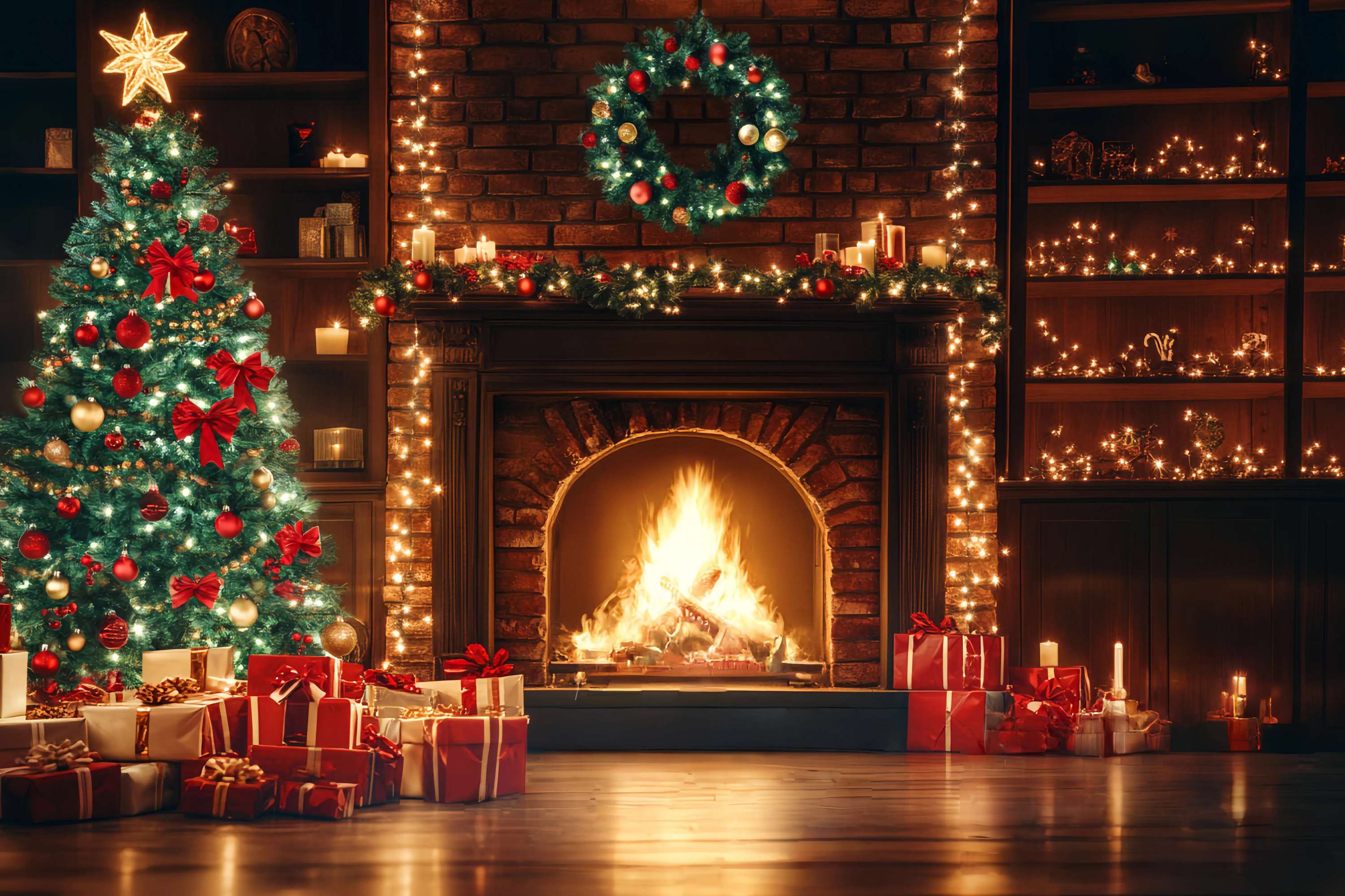 Christmas Fireplace Backdrop Fireplace Garland Christmas Tree Christmas Backdrops for Photography TWW58-59