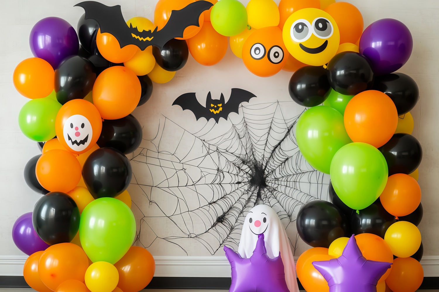 Halloween Wall Backdrop Colorful Balloon Arch with Bats and Ghosts Halloween Backdrops TWW58-6