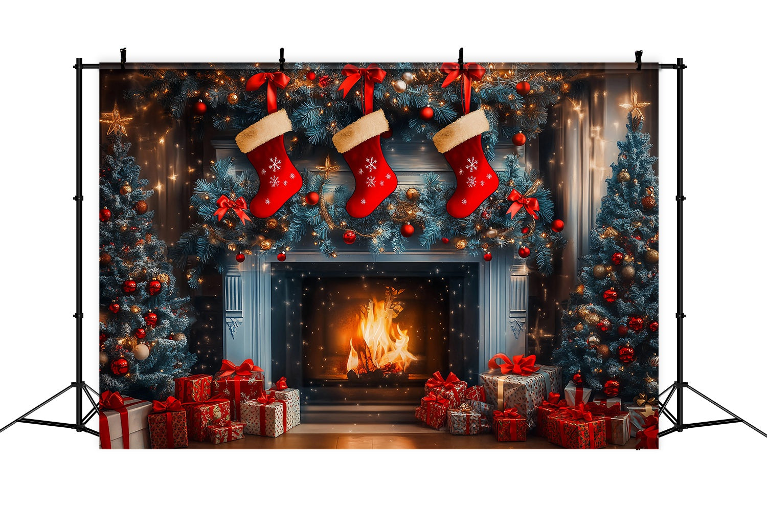 Christmas Fireplace Backdrop Stocking Garland Blue Pine Trees Christmas Backdrops TWW58-62