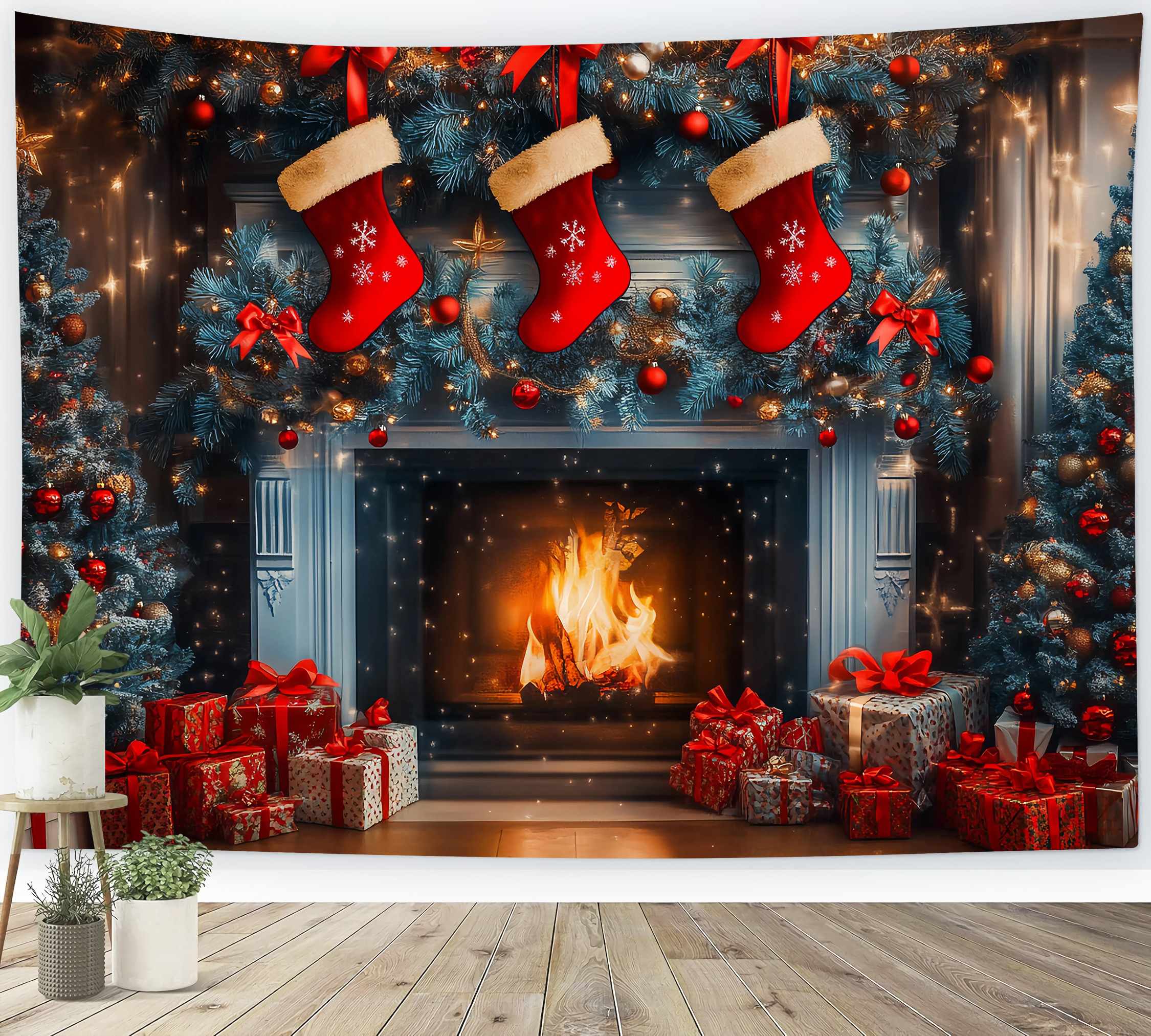 Christmas Fireplace Backdrop Stocking Garland Blue Pine Trees Christmas Backdrops TWW58-62