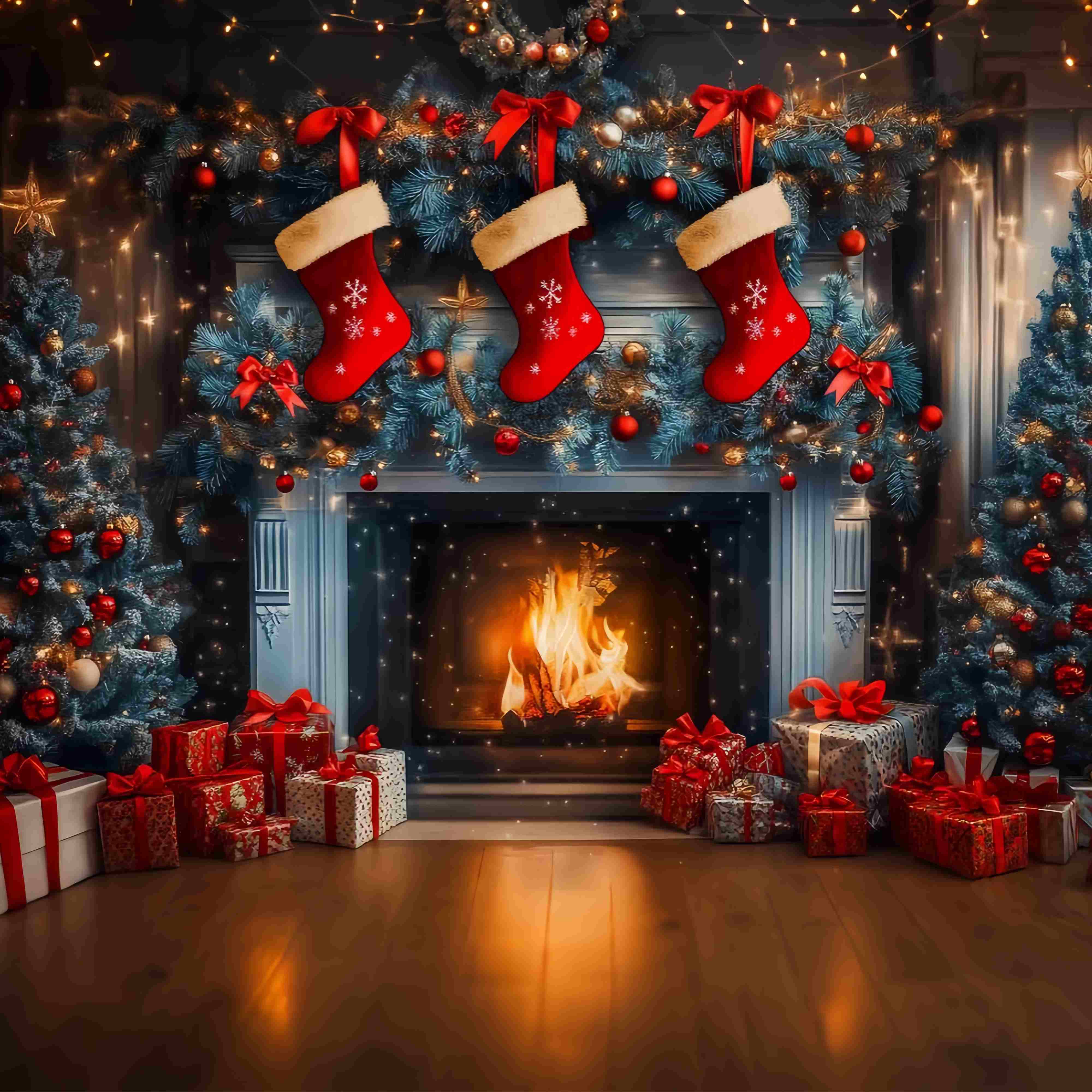 Christmas Fireplace Backdrop Stocking Garland Blue Pine Trees Christmas Backdrops TWW58-62