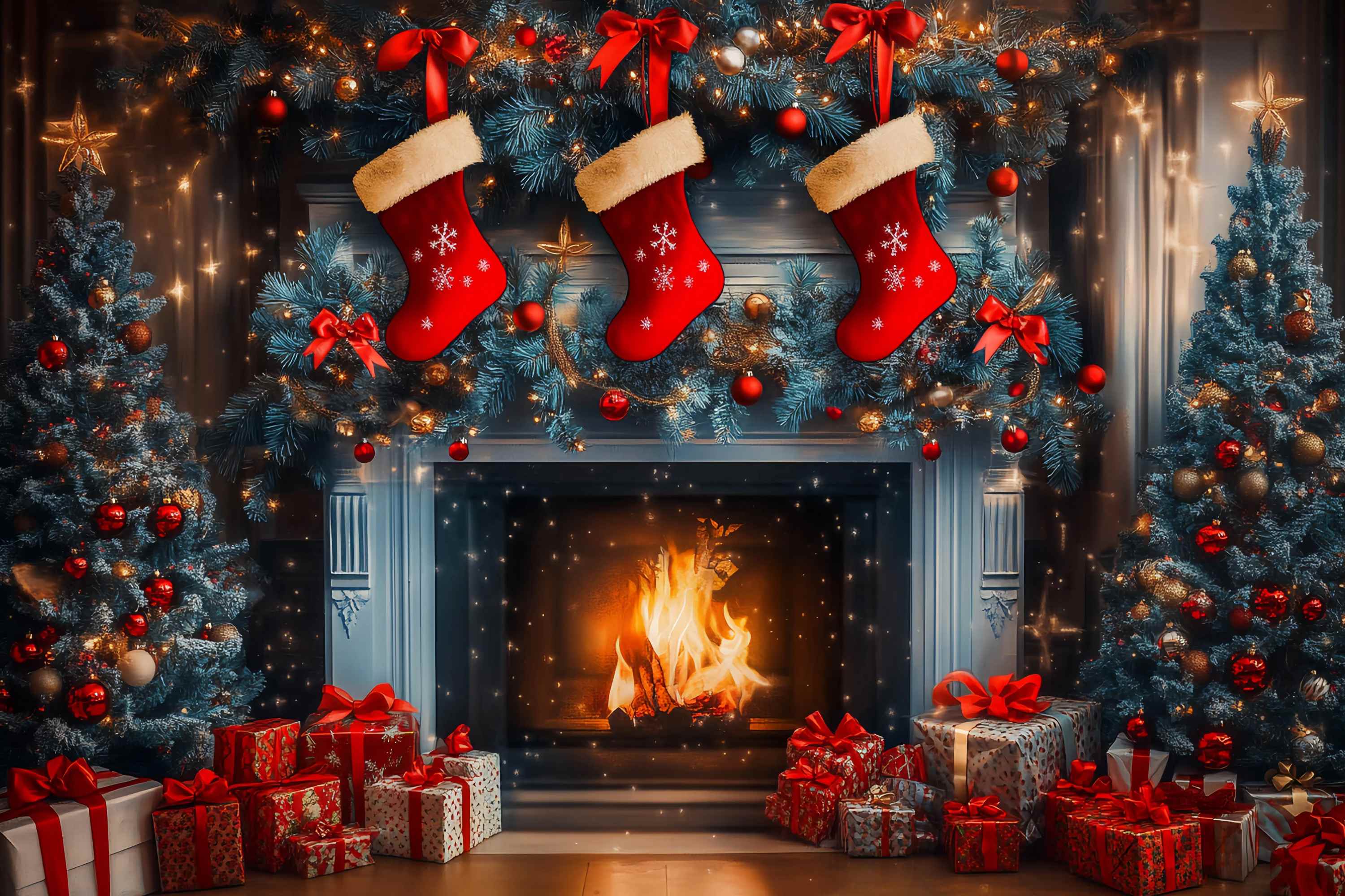Christmas Fireplace Backdrop Stocking Garland Blue Pine Trees Christmas Backdrops TWW58-62