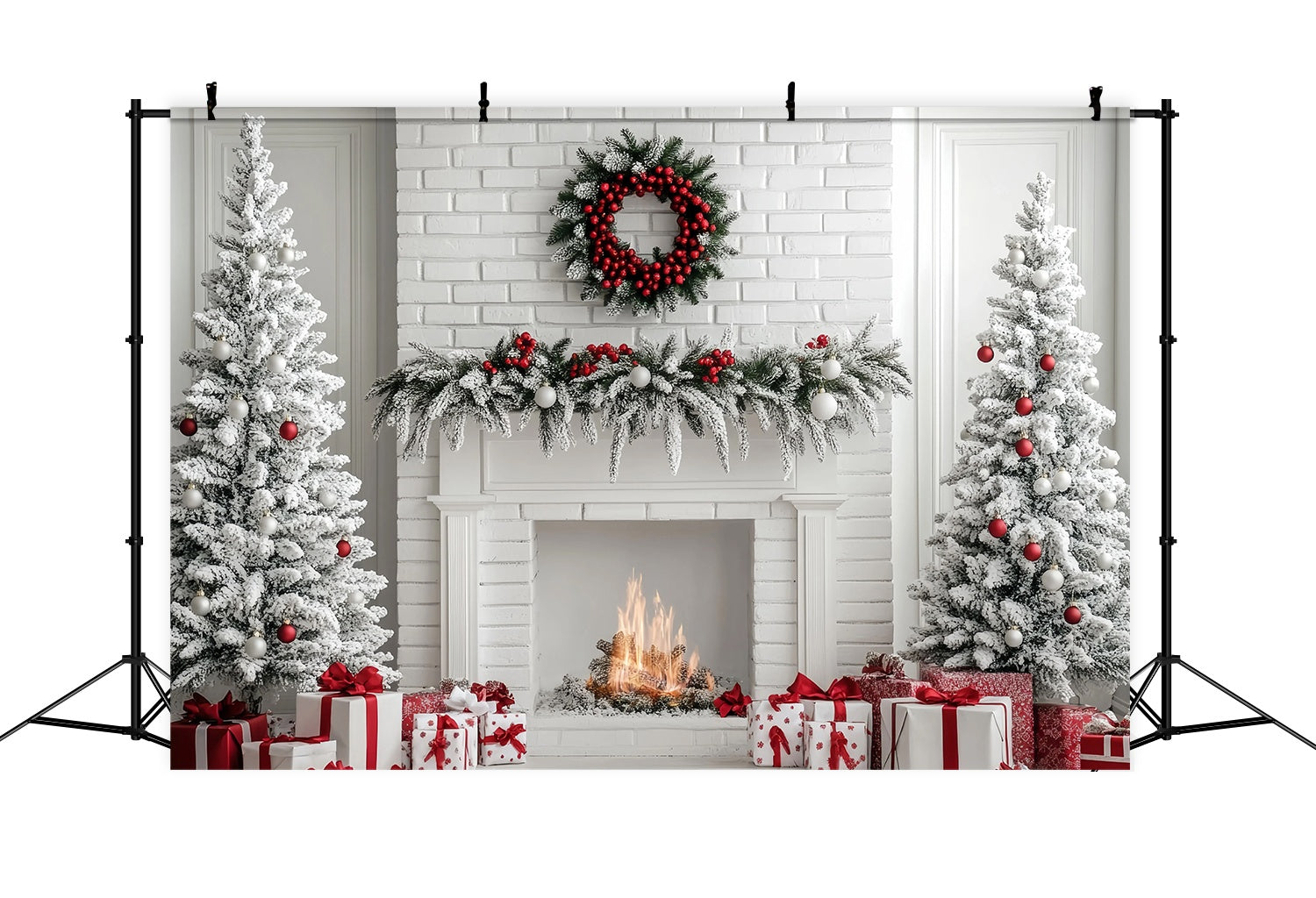 Christmas Fireplace Backdrop White Brick Fireplace Snow Trees Christmas Backdrop for Photos TWW58-63