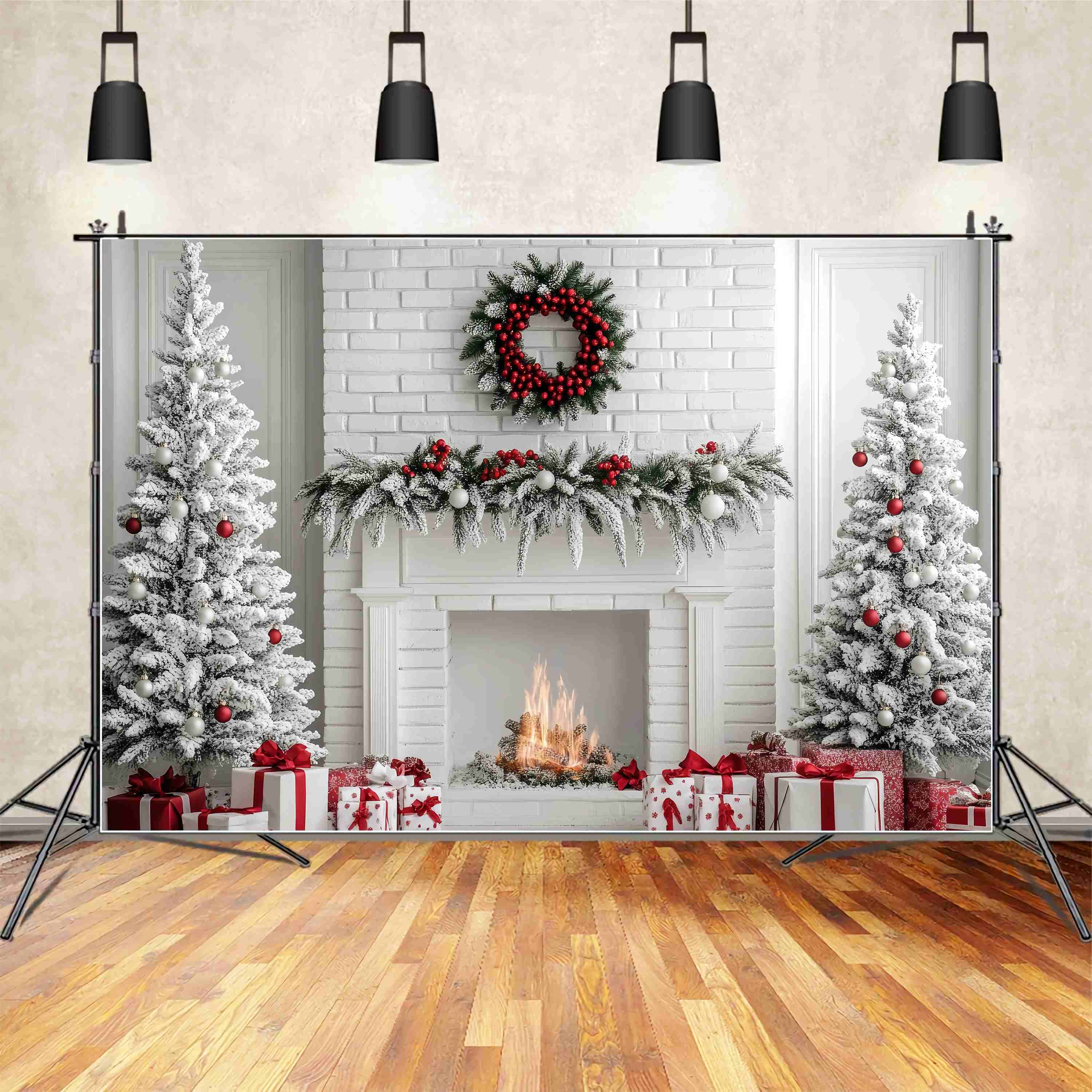 Christmas Fireplace Backdrop White Brick Fireplace Snow Trees Christmas Backdrop for Photos TWW58-63