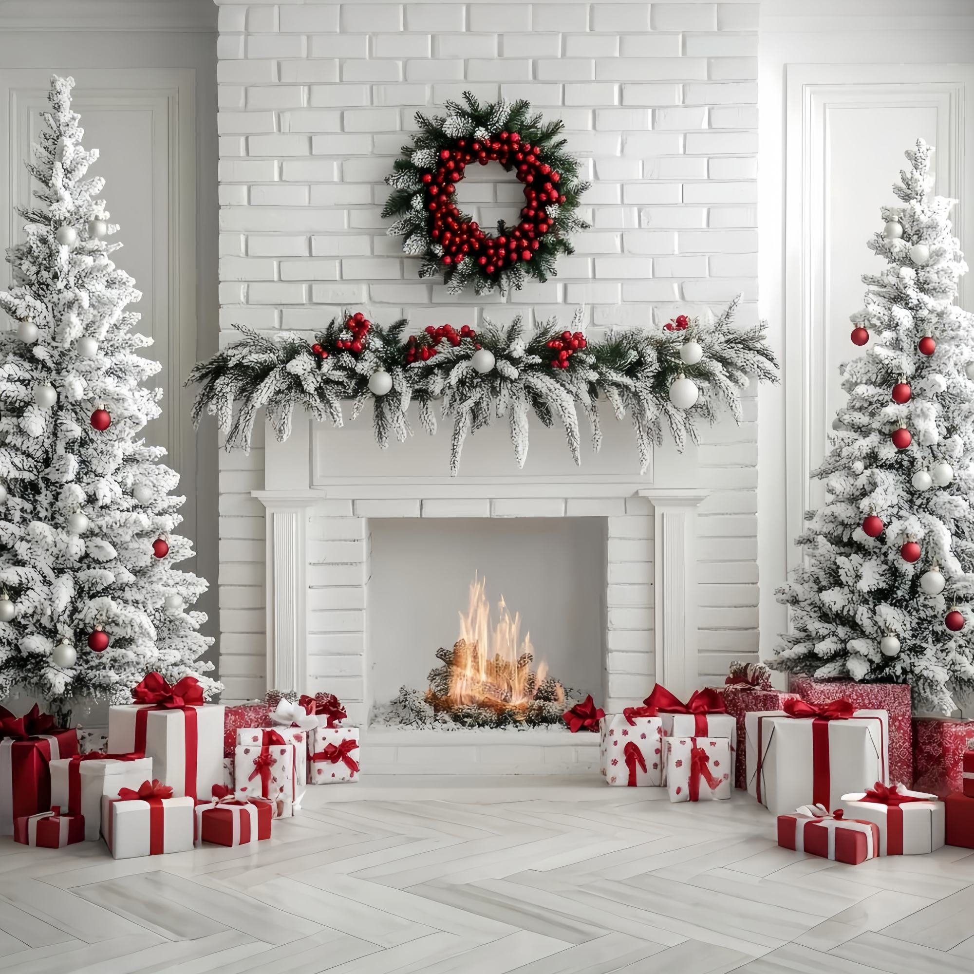Christmas Fireplace Backdrop White Brick Fireplace Snow Trees Christmas Backdrop for Photos TWW58-63