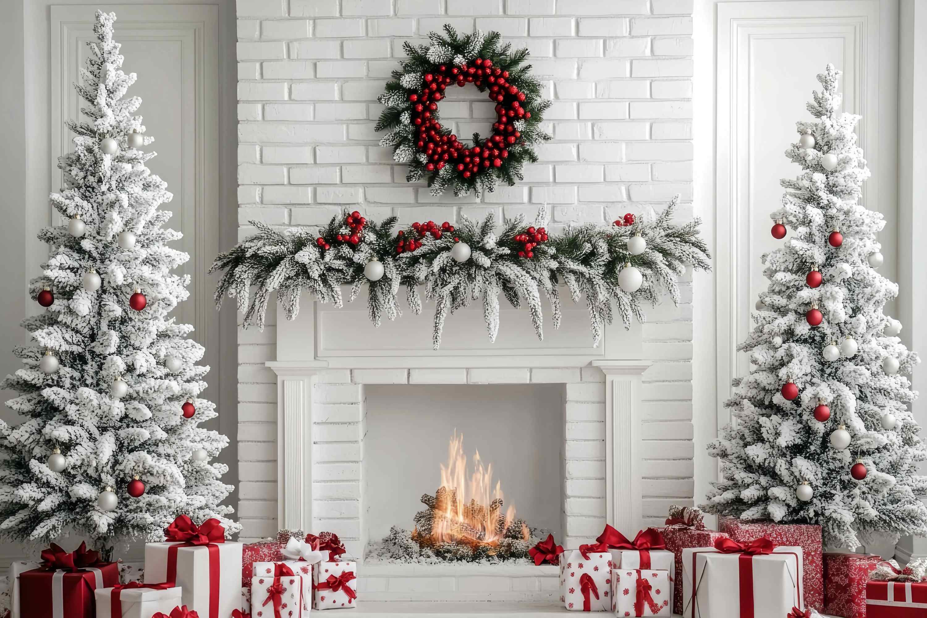 Christmas Fireplace Backdrop White Brick Fireplace Snow Trees Christmas Backdrop for Photos TWW58-63