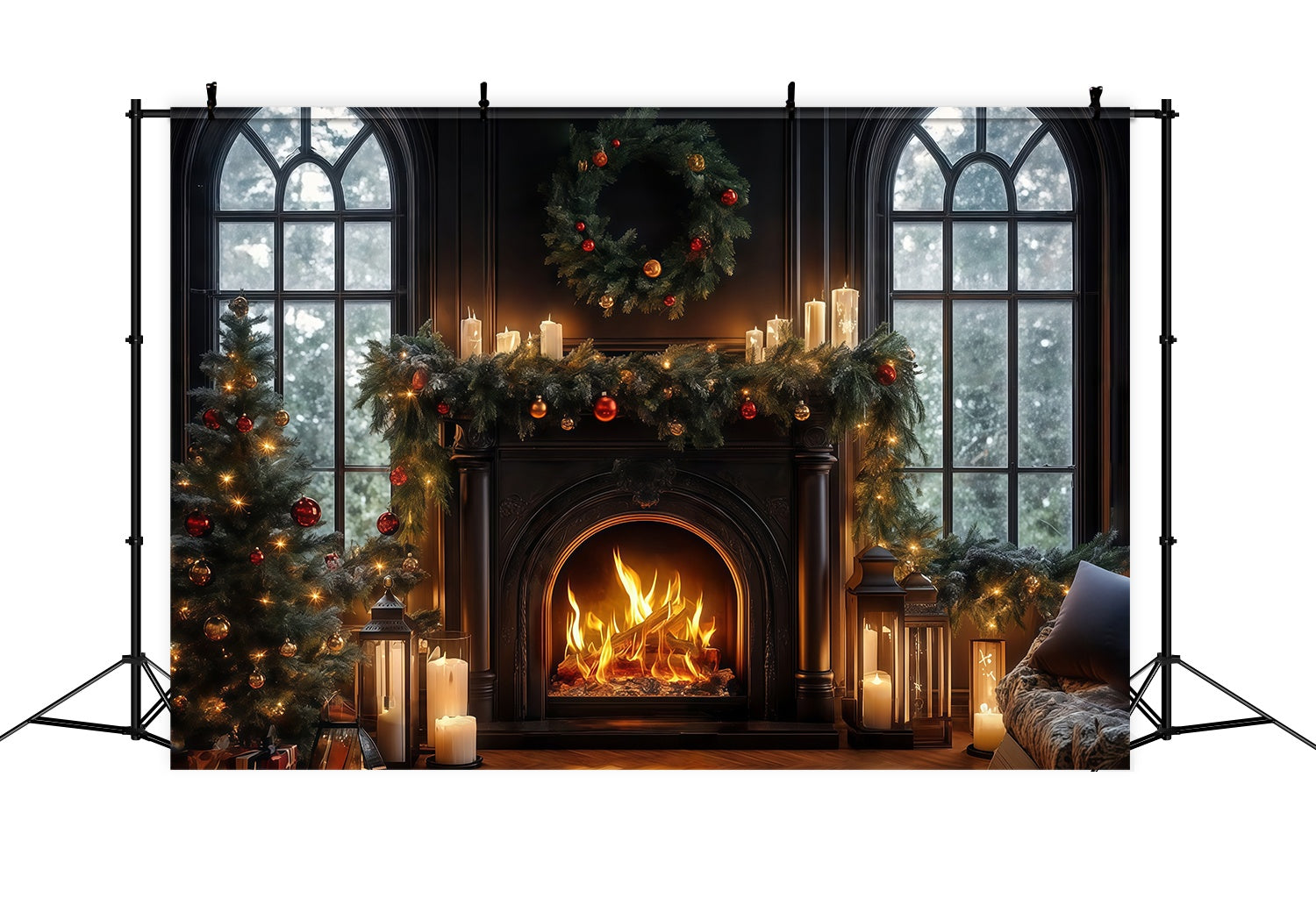 Christmas Fireplace Backdrop Candlelit Black Fireplace Wreath Christmas Backdrop Photography TWW58-64