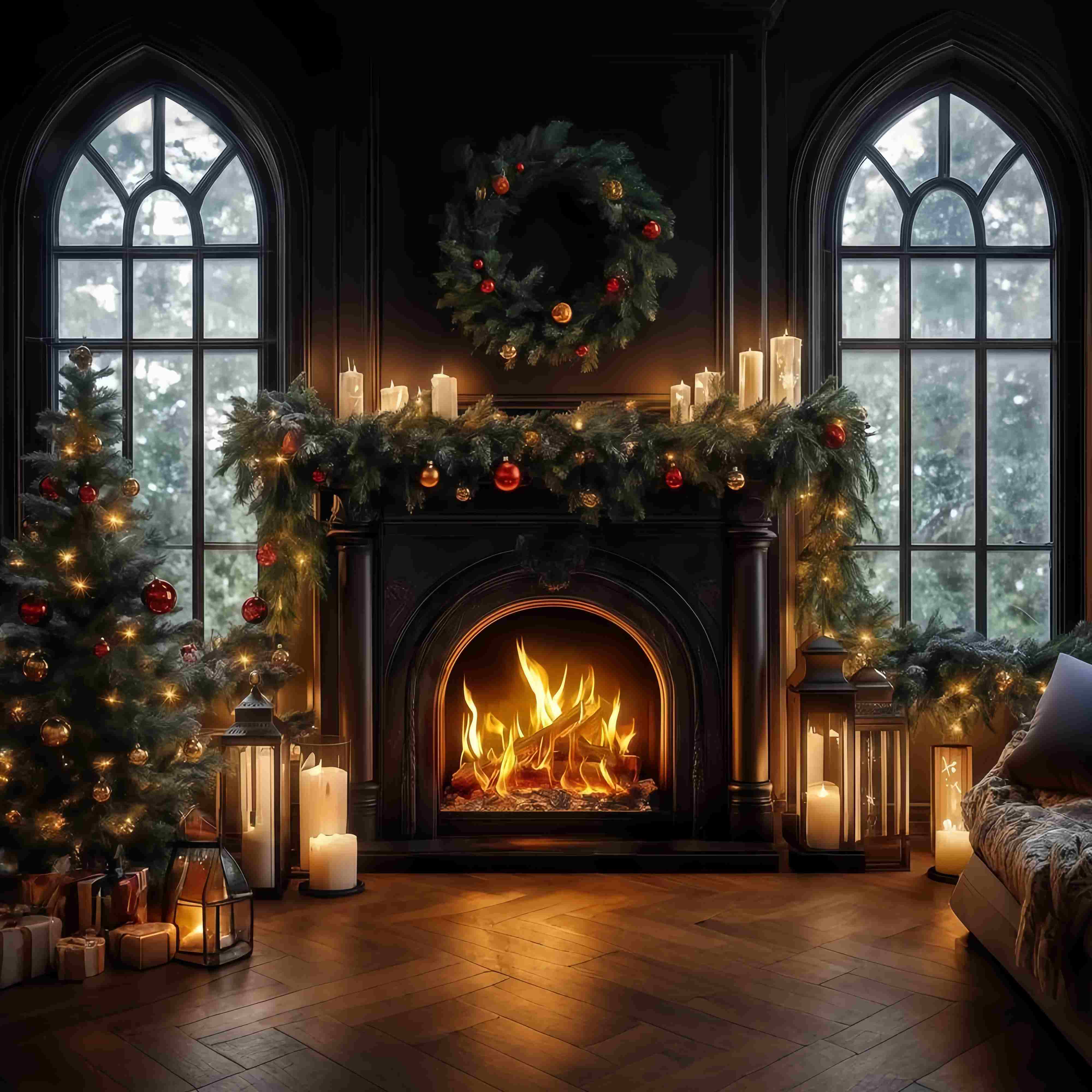 Christmas Fireplace Backdrop Candlelit Black Fireplace Wreath Christmas Backdrop Photography TWW58-64