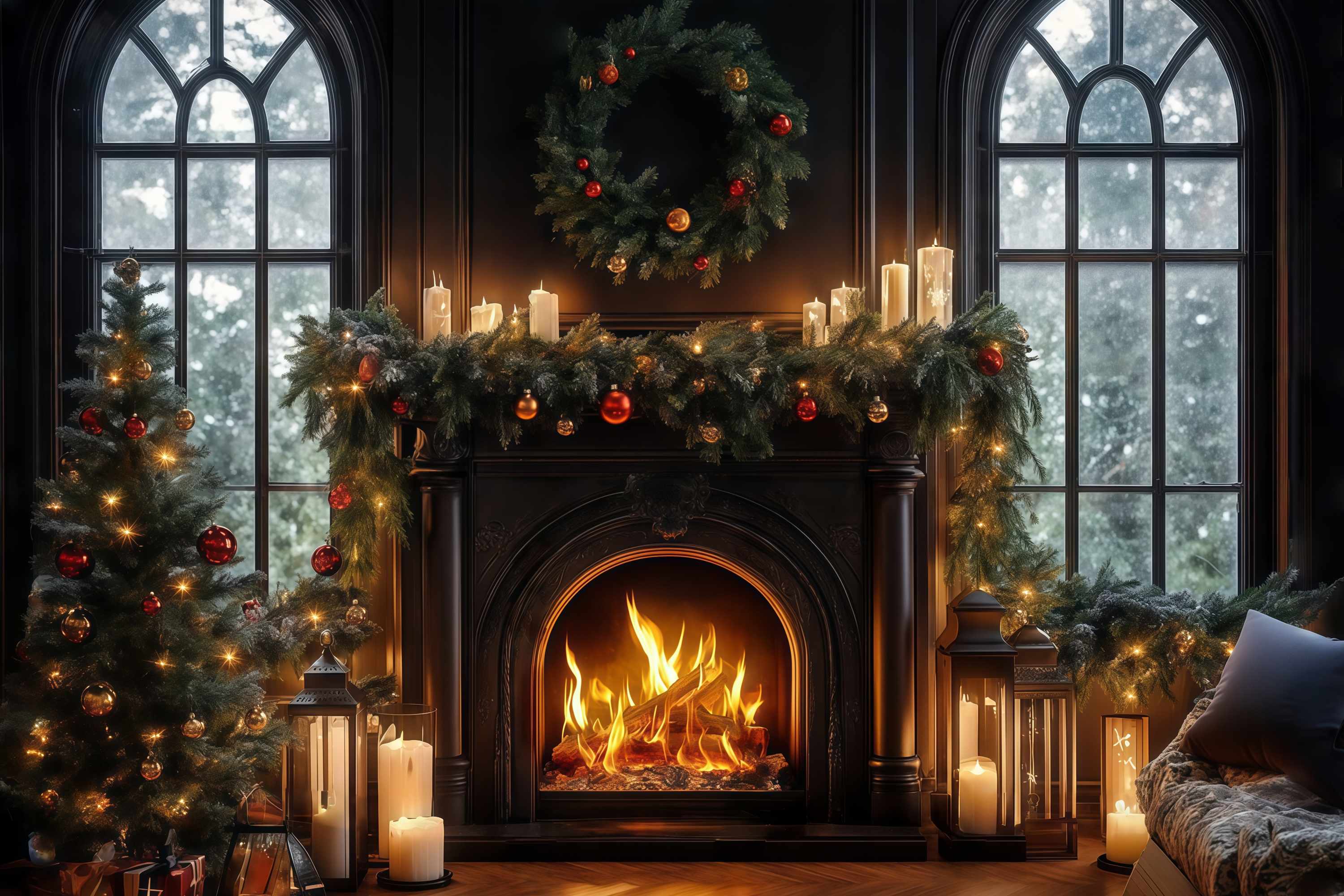 Christmas Fireplace Backdrop Candlelit Black Fireplace Wreath Christmas Backdrop Photography TWW58-64