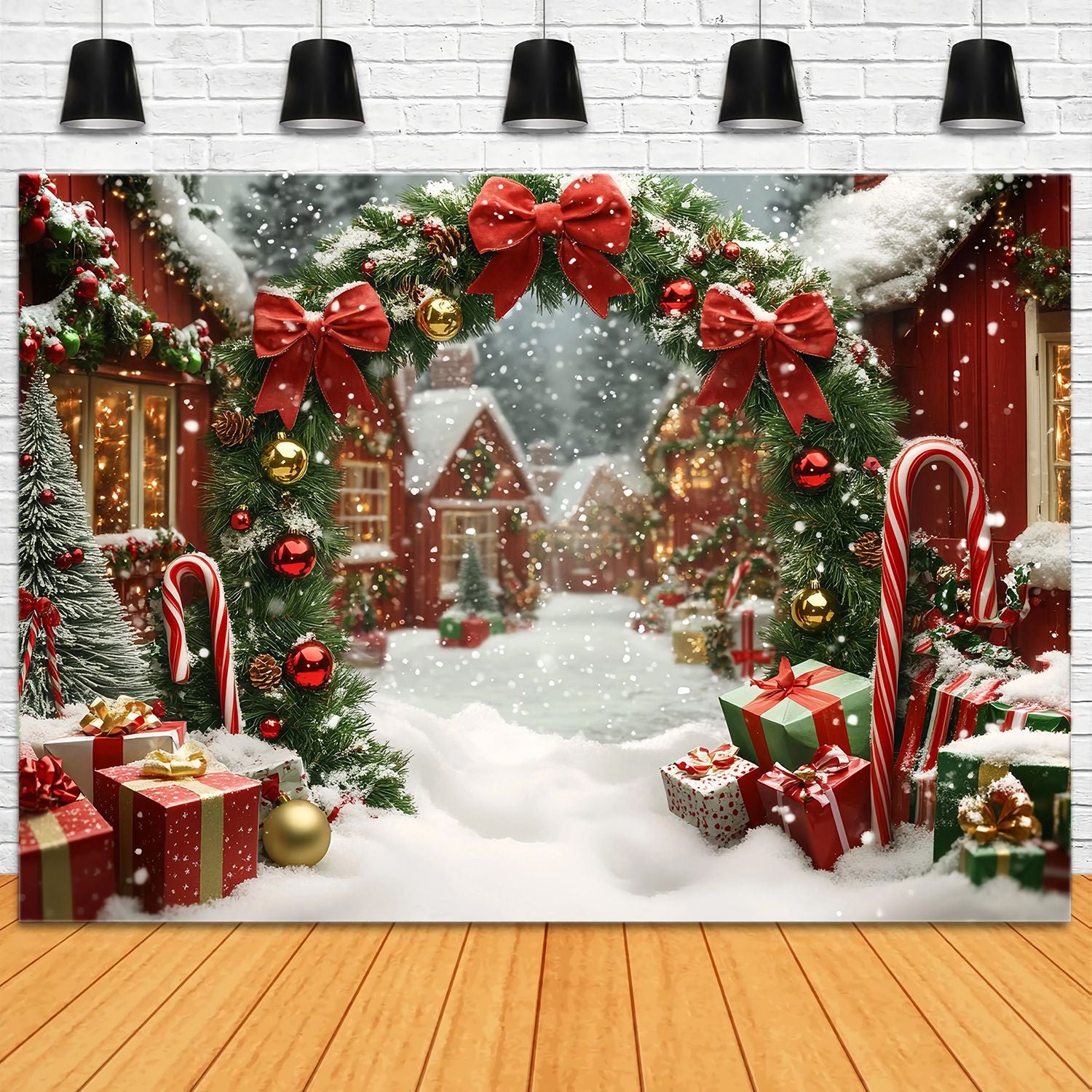 Christmas Village Backdrop Snowy Village Archway Gifts Garland Christmas Backdrop TWW58-65