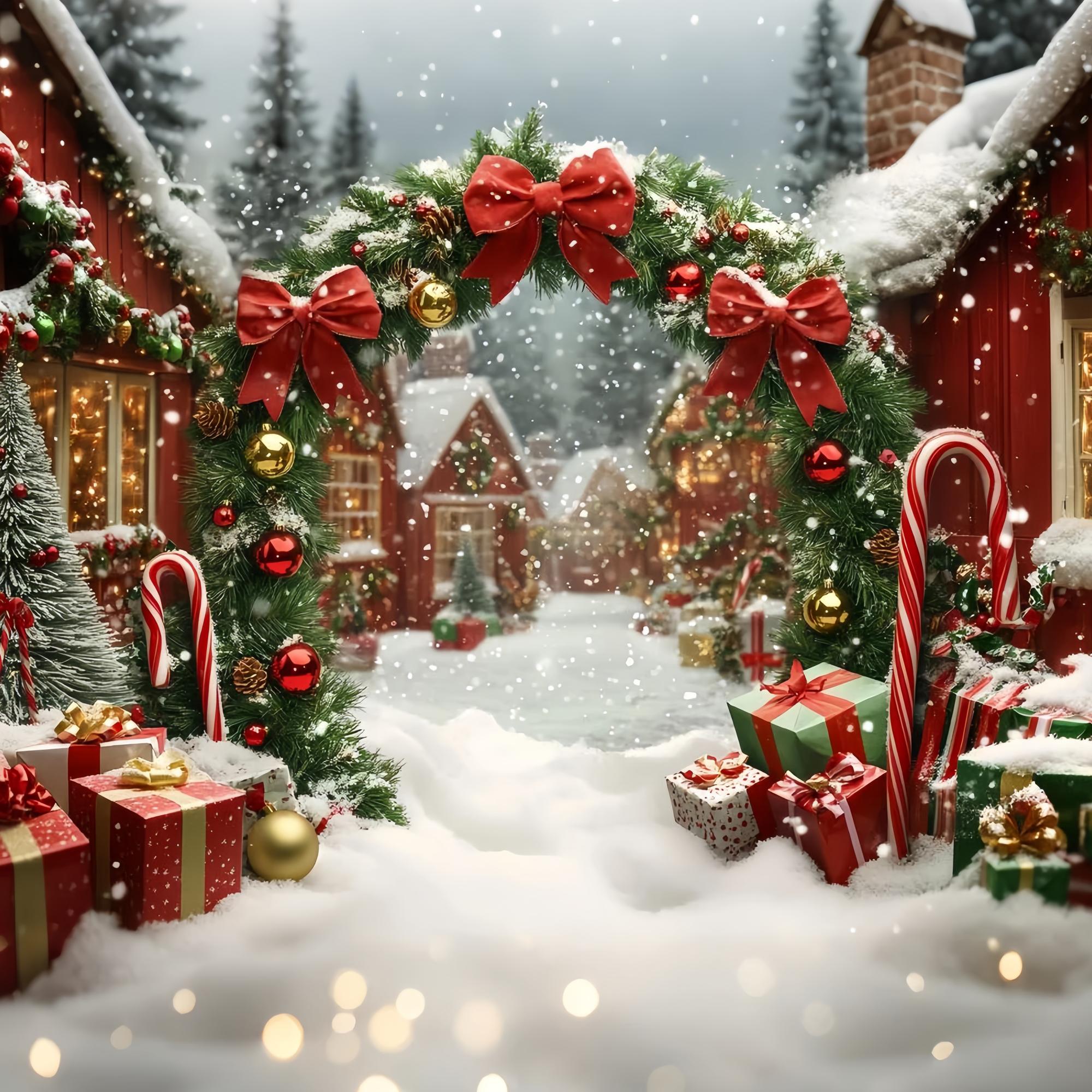 Christmas Village Backdrop Snowy Village Archway Gifts Garland Christmas Backdrop TWW58-65