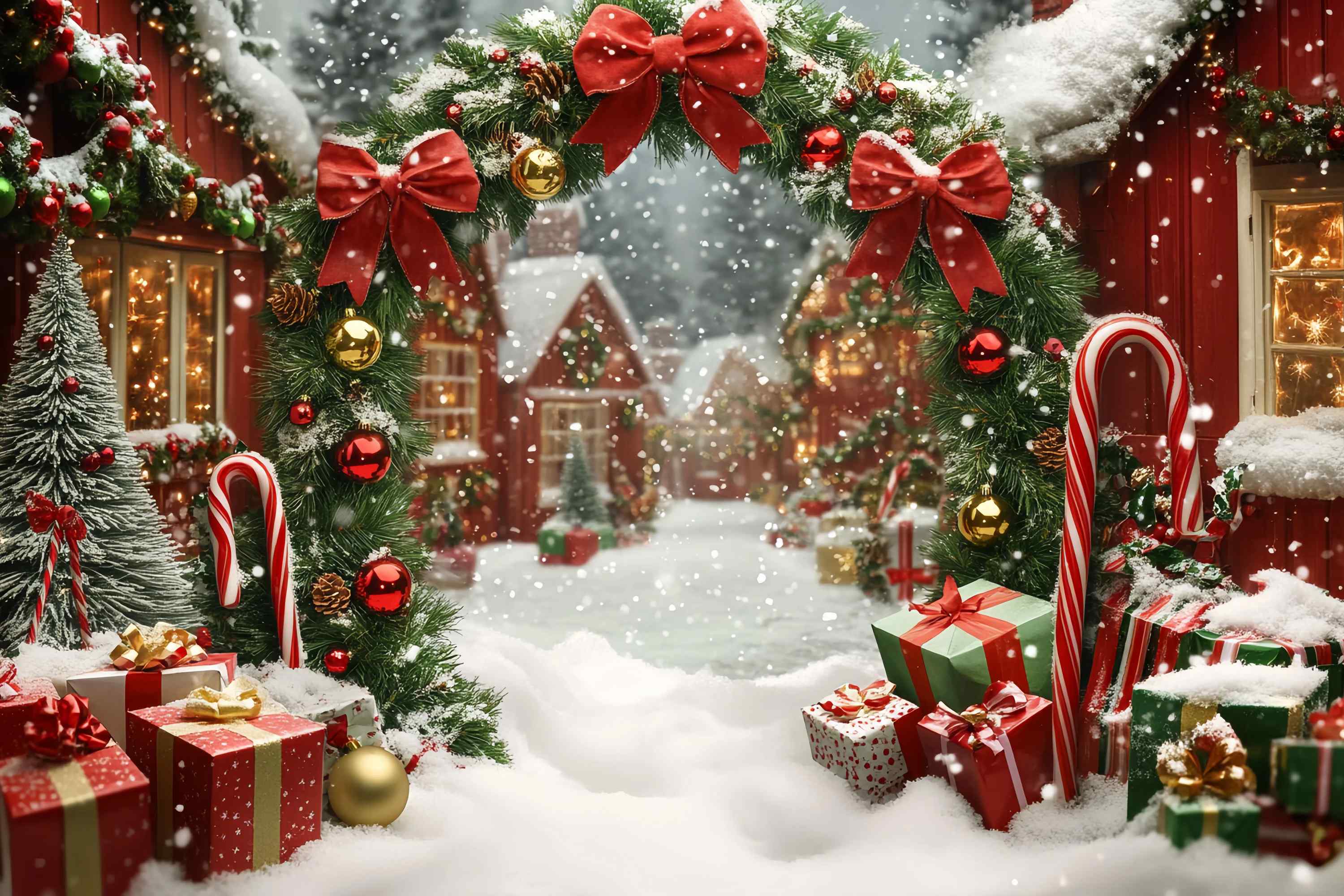 Christmas Village Backdrop Snowy Village Archway Gifts Garland Christmas Backdrop TWW58-65