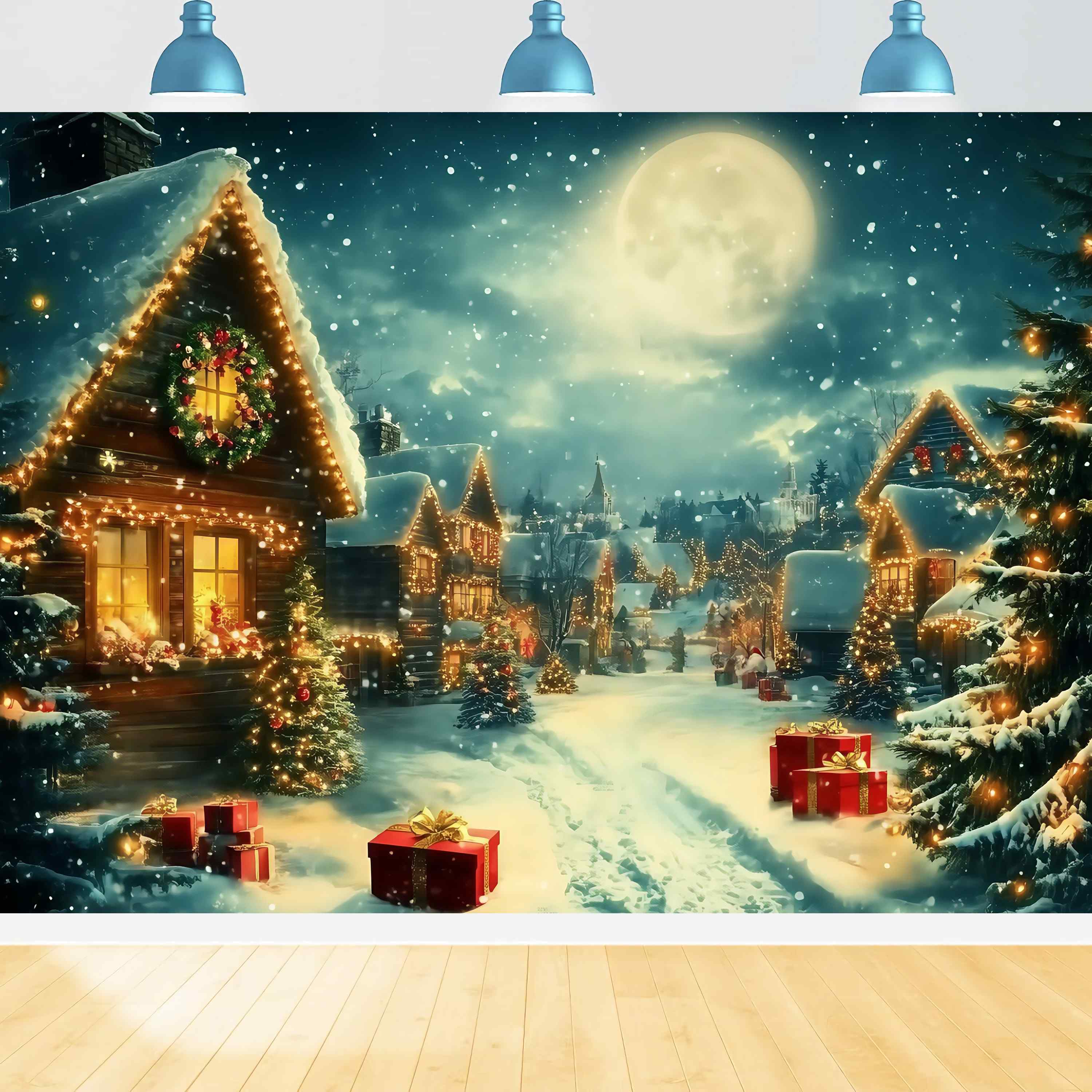Christmas Village Backdrop Moonlit Village Snow Lights Gifts Christmas Backdrops TWW58-68