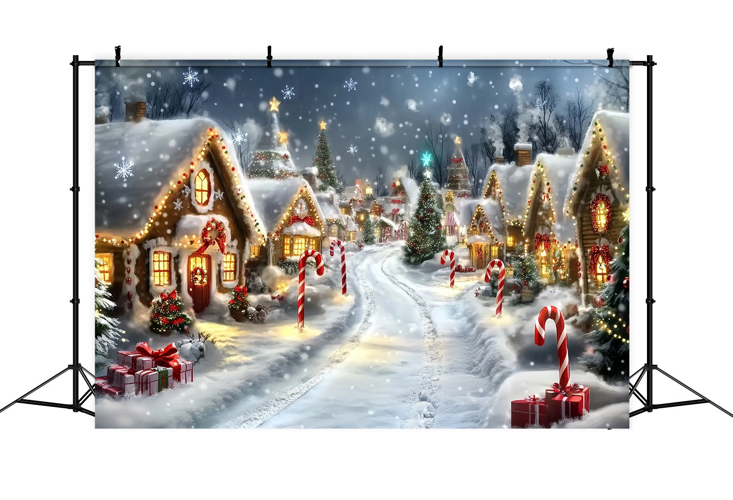Candyland Christmas Backdrop Gingerbread Cottage Snowy Candy Cane Lane Christmas Backdrops Sale TWW58-69
